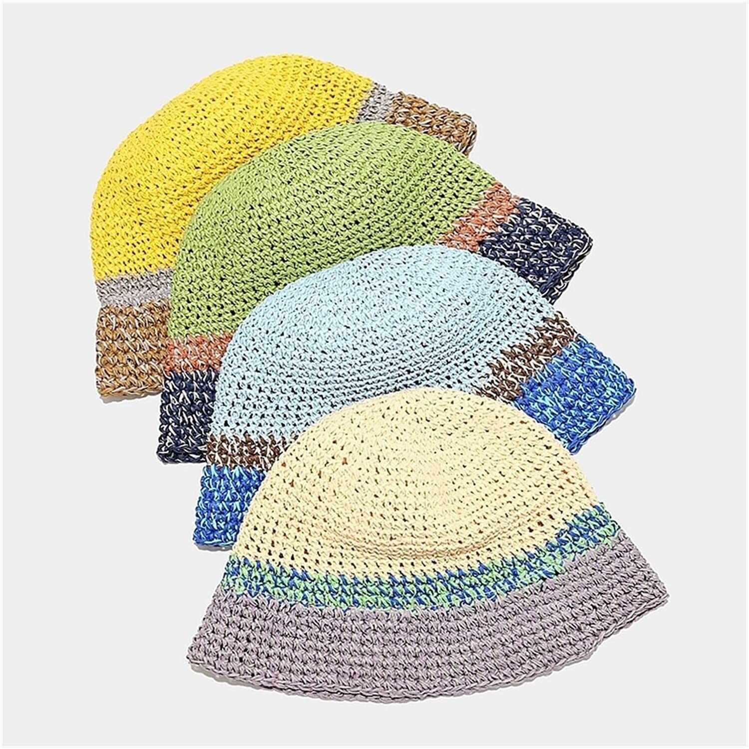 Sombrero de Playa para Mujer, de Paja Tejida a Crochet, Estilo Pescador, para Verano (Azul, 6 7/87 1/8)