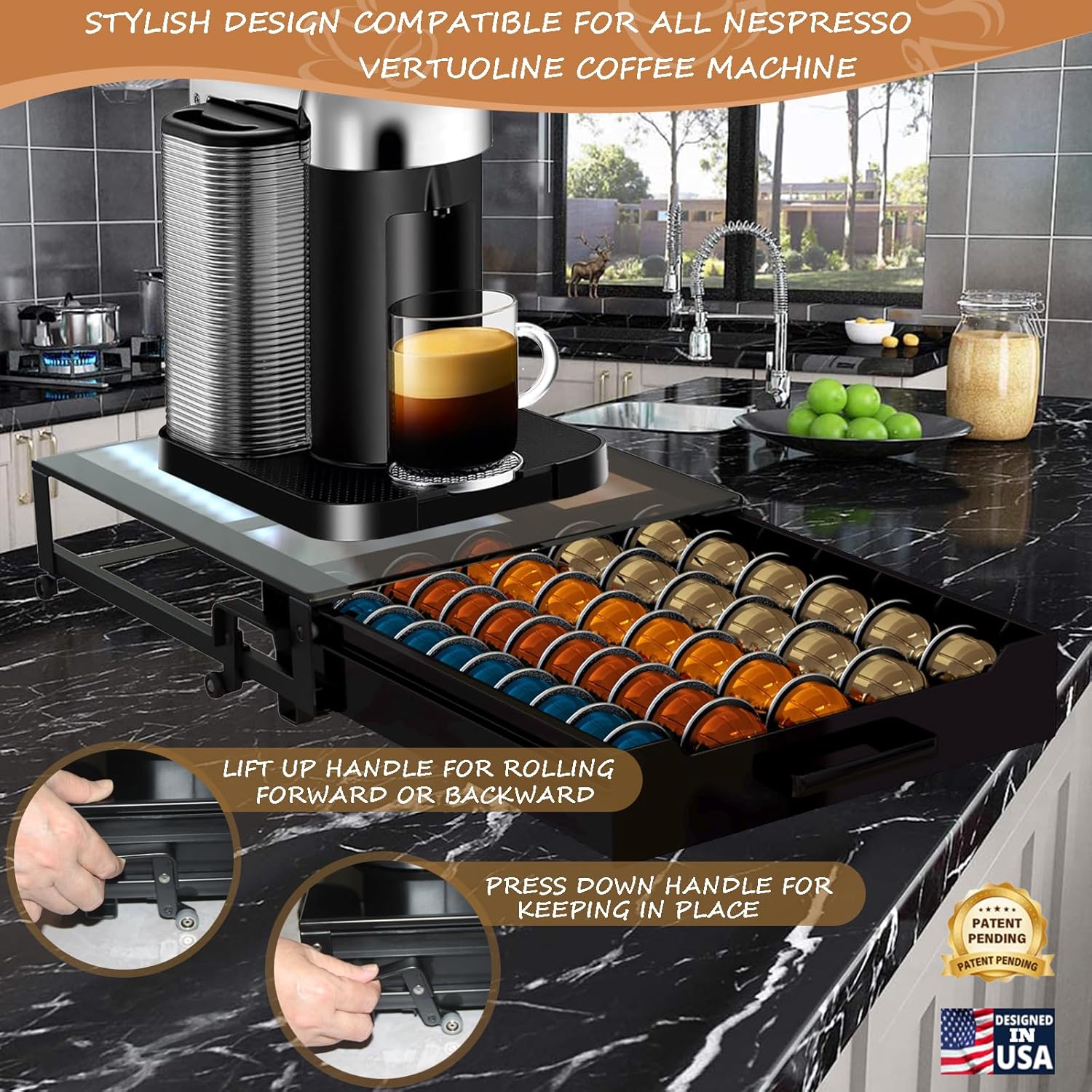 Vertuo Pod Holder Drawer with Deluxe Black Tempered Glass Top, Compatible for Nespresso VertuoLine Pods, Holds up to 75 Small or 50 Big Vertuo Pods Compact Design (CRYSTAL CLEAR ROLLING DRAWER)