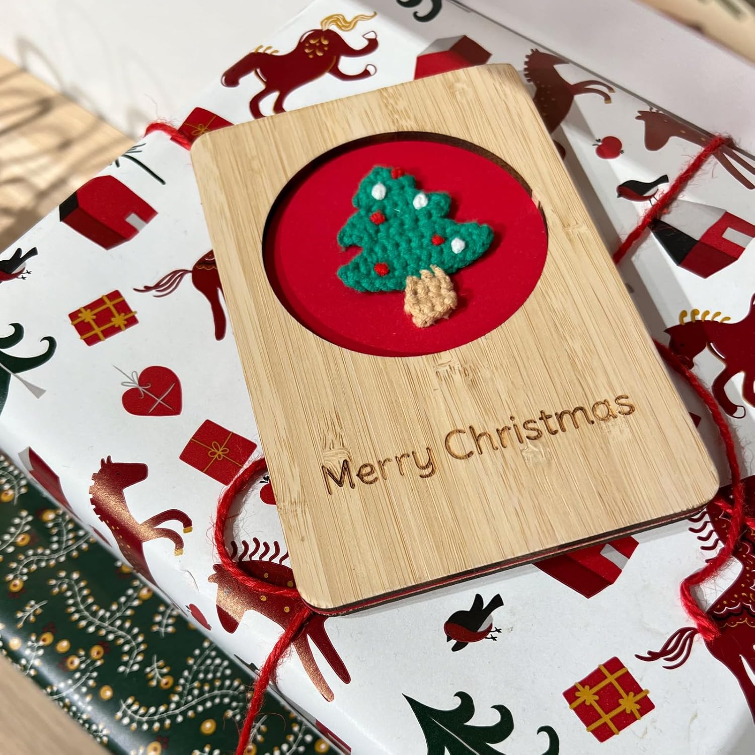 Wooden Christmas Greeting Card,Handmade Card with Knitted Tree,Merry Christmas Card For Friends,Family
