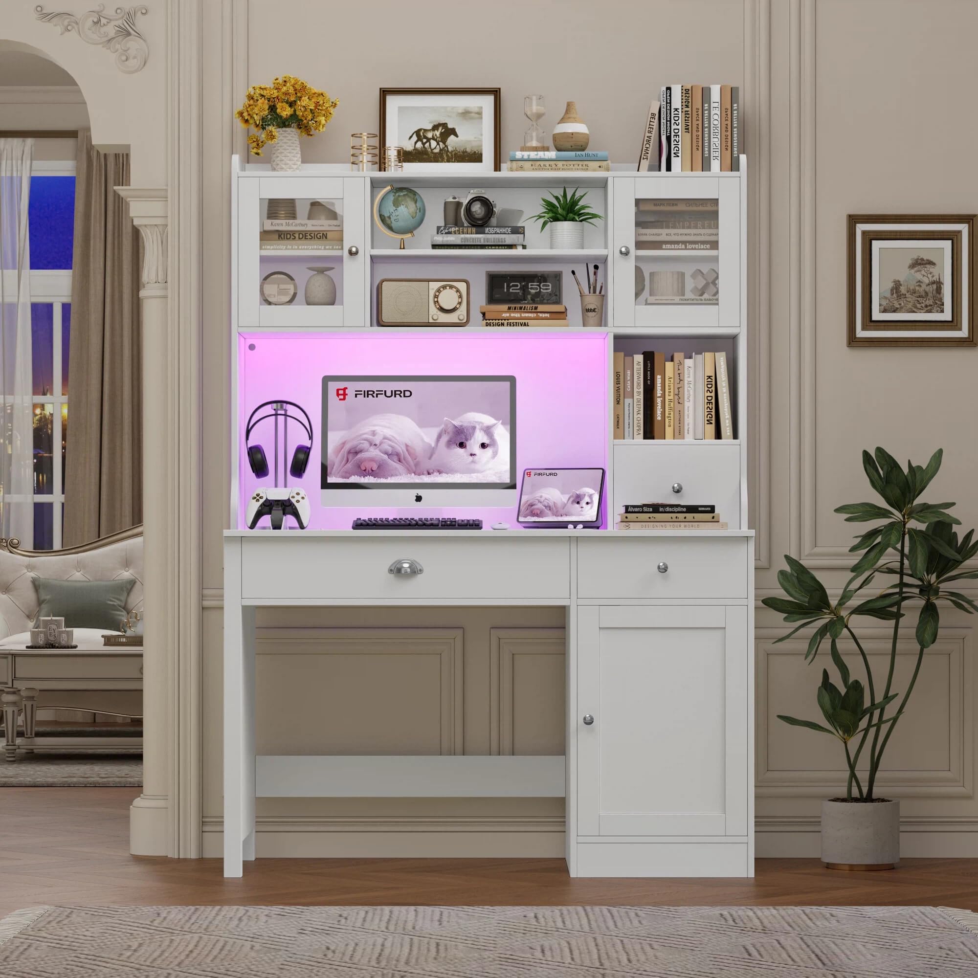 FirFurd Scrivania con Cassetti,Scrivania con 2 Prese e 2 USB 120x48x165cm | Scrivania Gaming a Luci LED Multicolori,Toeletta da Trucco a Cassettiera e 3 Ante,Ripiani Regolabili,per Casa Ufficio,Bianco