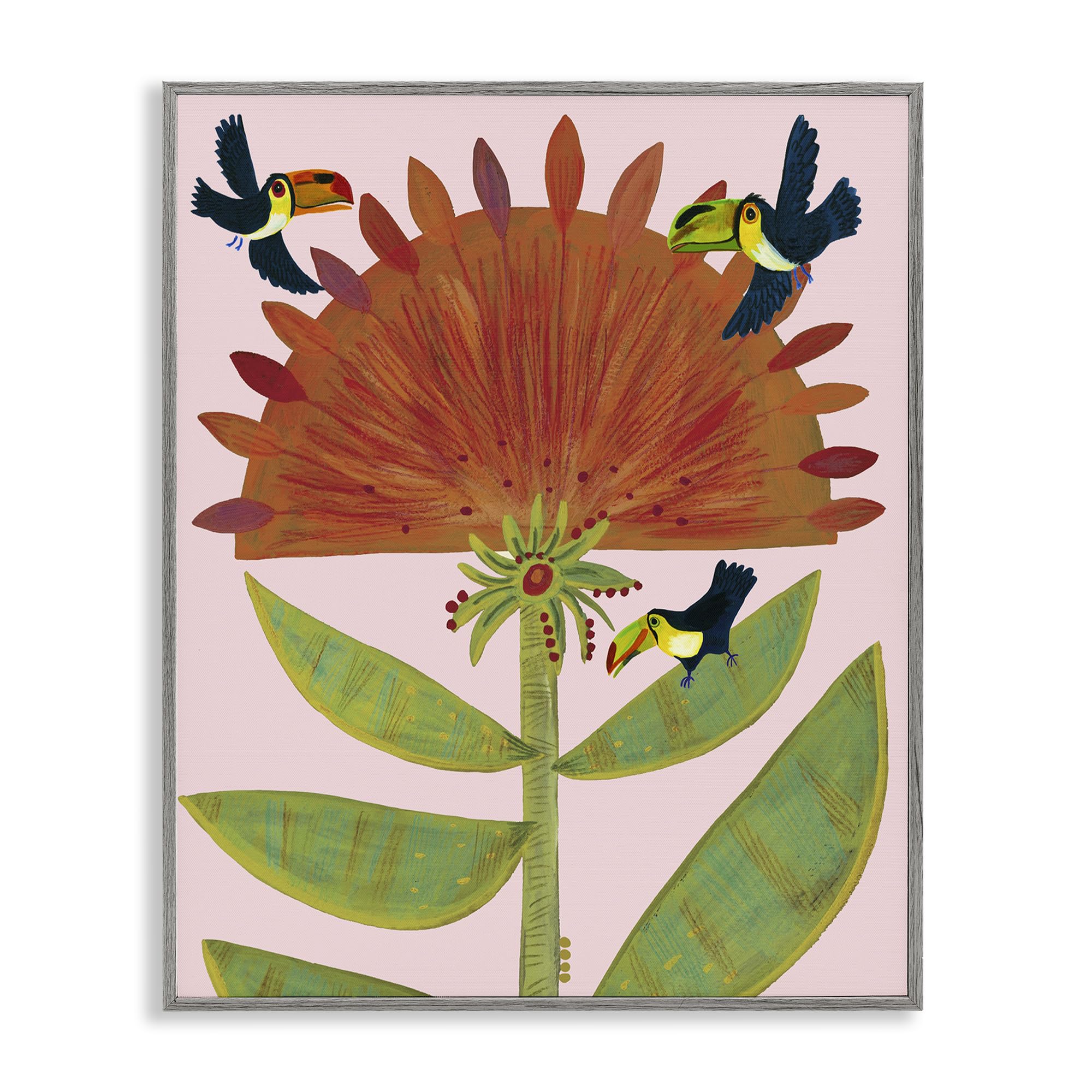 Stupell Industries Farmhouse Gray (Textured) 'Tropical Plant & Toucans'| Framed Giclee Art