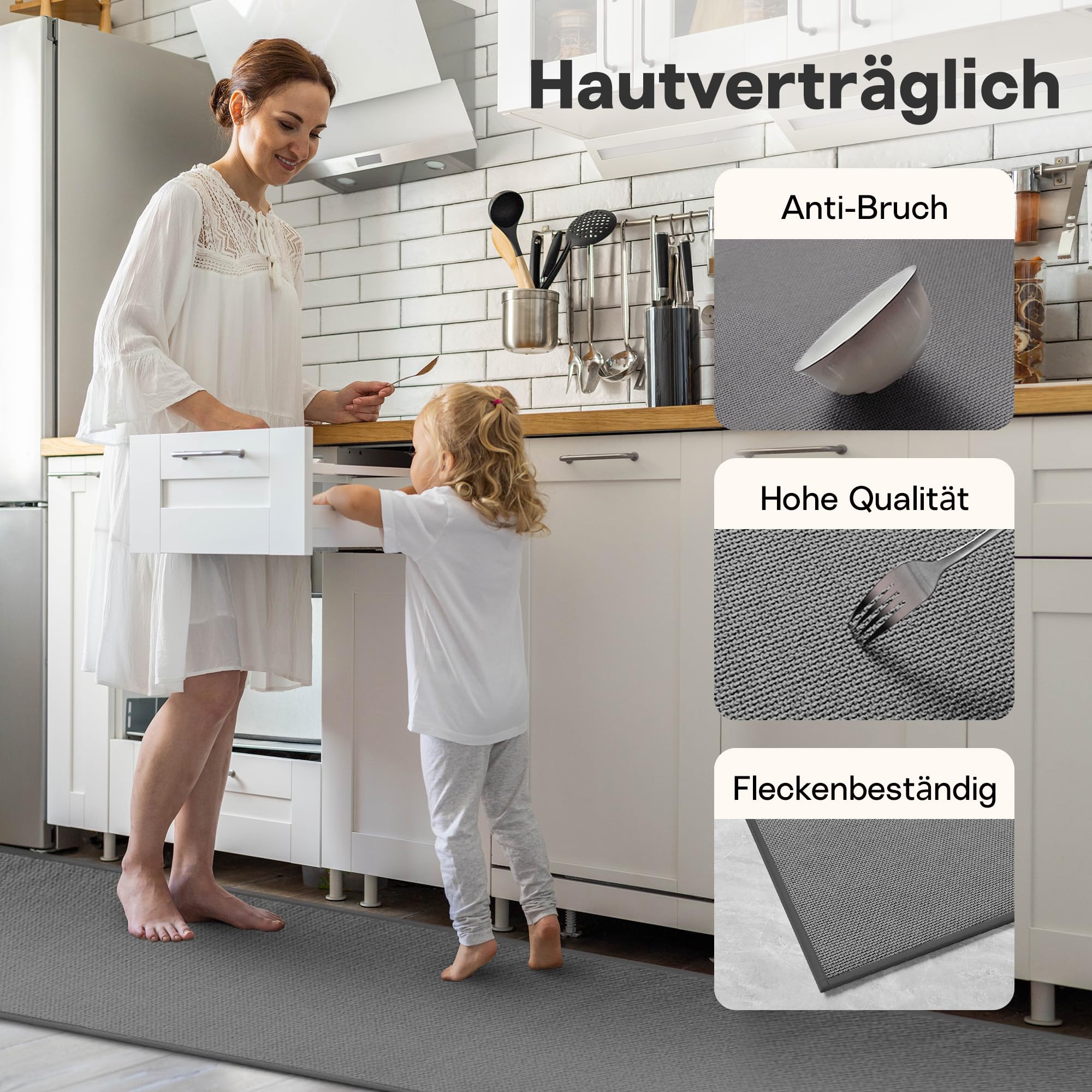 Küchenteppich Waschbar rutschfest 43.5x180CM, Küchenläufer Saugfähig, Grau