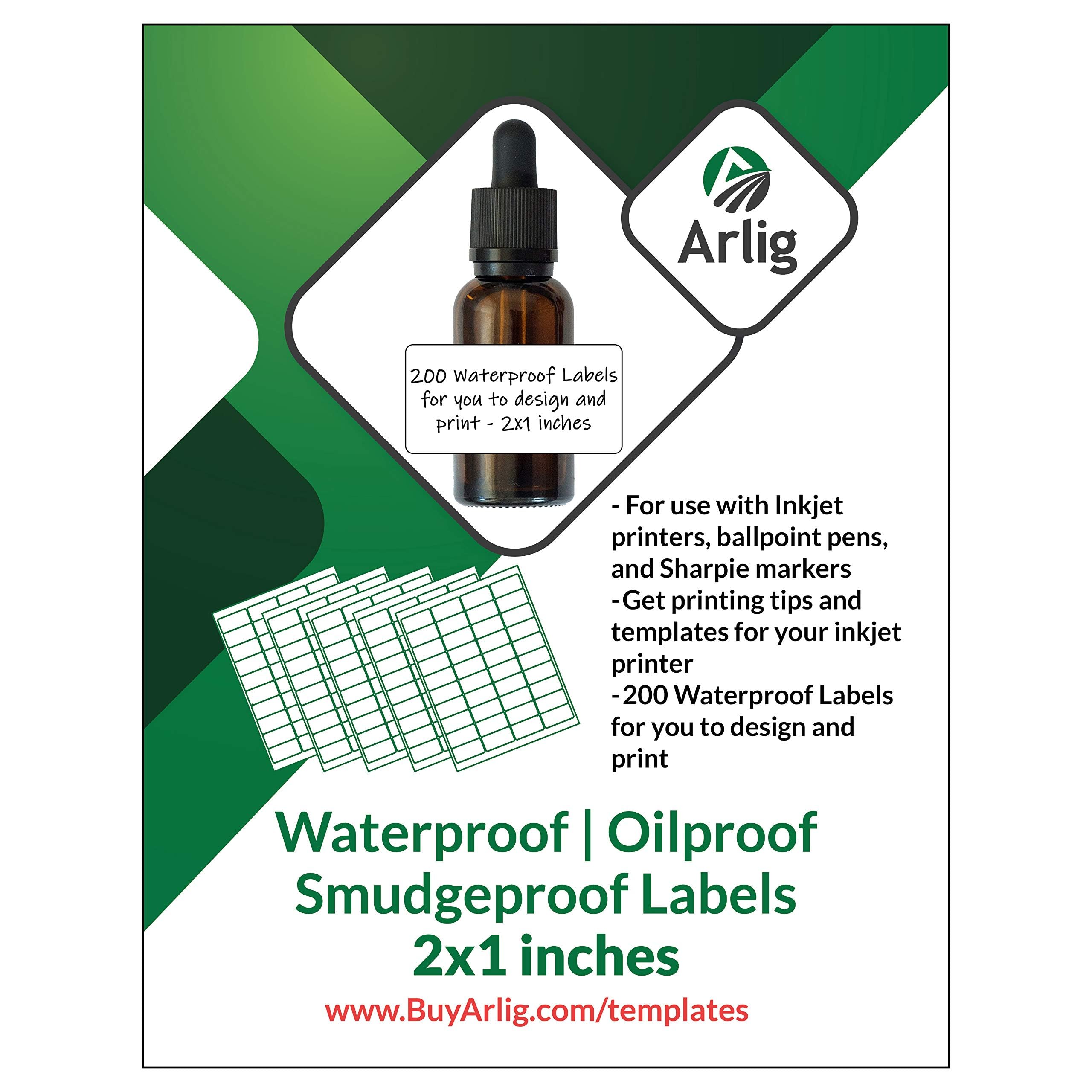 Arlig 2x1 Inch Waterproof Labels for Inkjet Printers Smudge-Proof, Oil-Proof Label for Bottles, Pantry, Lip Gloss, Jars, Food, and Essential Oils | 200 Labels (5 Letter Size Sheets, 40/Sheet) (Matte)