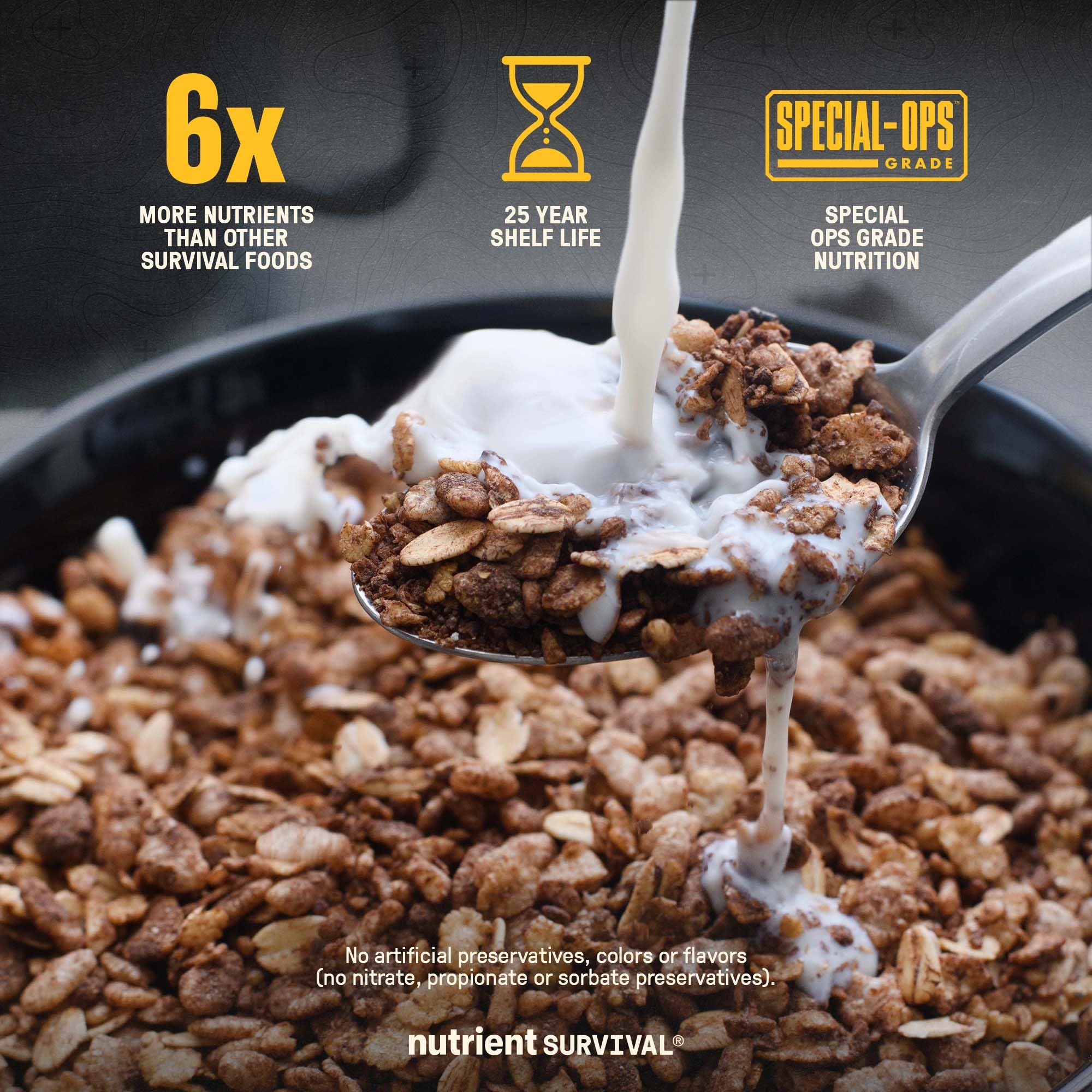 Nutrient Survival MRE Cereal, Chocolate Grain Crunch (12 Servings) Freeze Dried Prepper Supplies & Emergency Food Supply, Dairy & Gluten Free, Shelf Stable Up to 25 Years, One Can