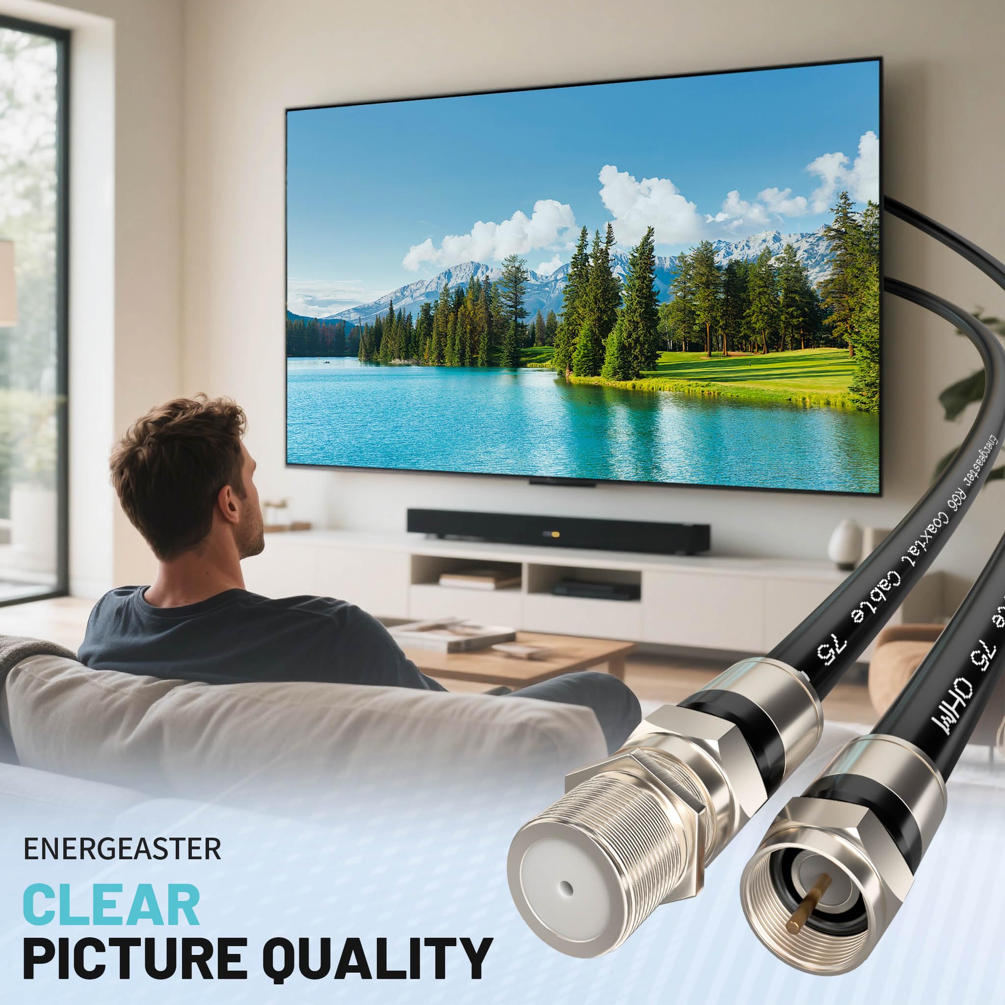 energeaster Câble coaxial RG6 de 30,5 m avec connecteur de type F, rallonge de câble coaxial, Internet haut débit, antenne TV numérique intérieure pour satellite, antenne, DVR, magnétoscope, HDTV
