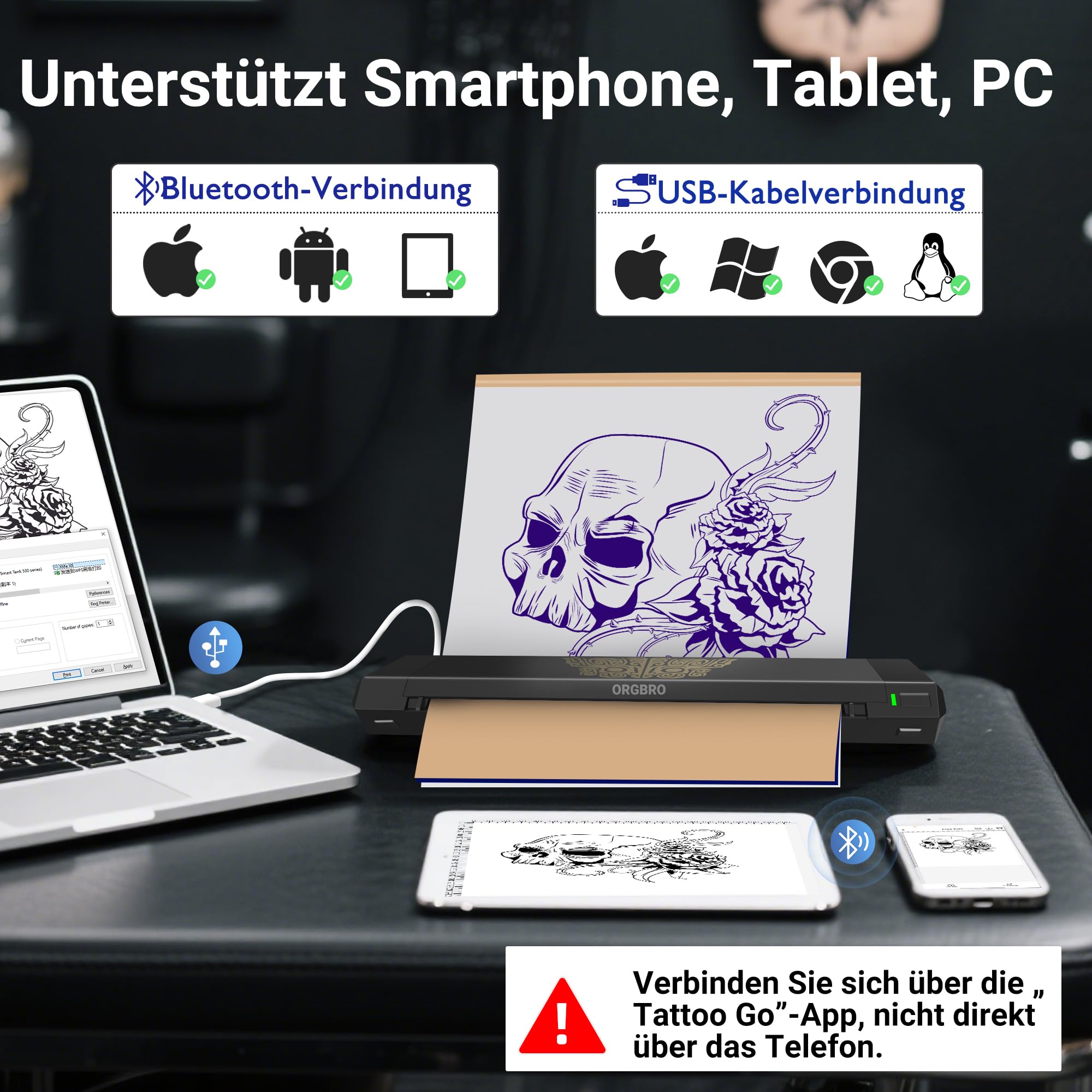 ORGBRO X8 Tattoo Drucker, Bluetooth Tattoo Stencil Drucker mit 30 Stück Transferpapier, Thermodrucker Tattoo Maschine für professionelle Künstler und Anfänger, kompatibel mit Smartphone/Tablet/PC