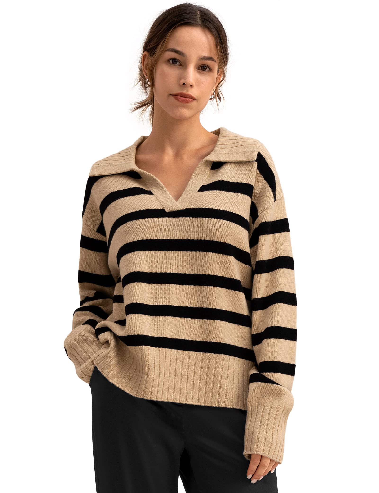 LilySilk Womens Stripped Sweater 100 Merino Wool Oversized Polo Pullover for Fall Winter