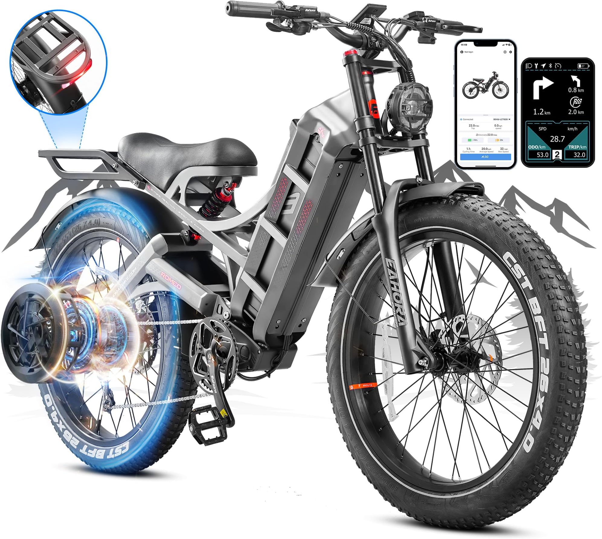 Romeo Pro/Ⅱ 60Ah Peak 1600W/Dual Motor 2500W/3000W Electric Bike for Adults, 200 Miles Long Range Ebike Fat Tire Electric Bike, Full Suspension Electric Mountain Bike UL2849