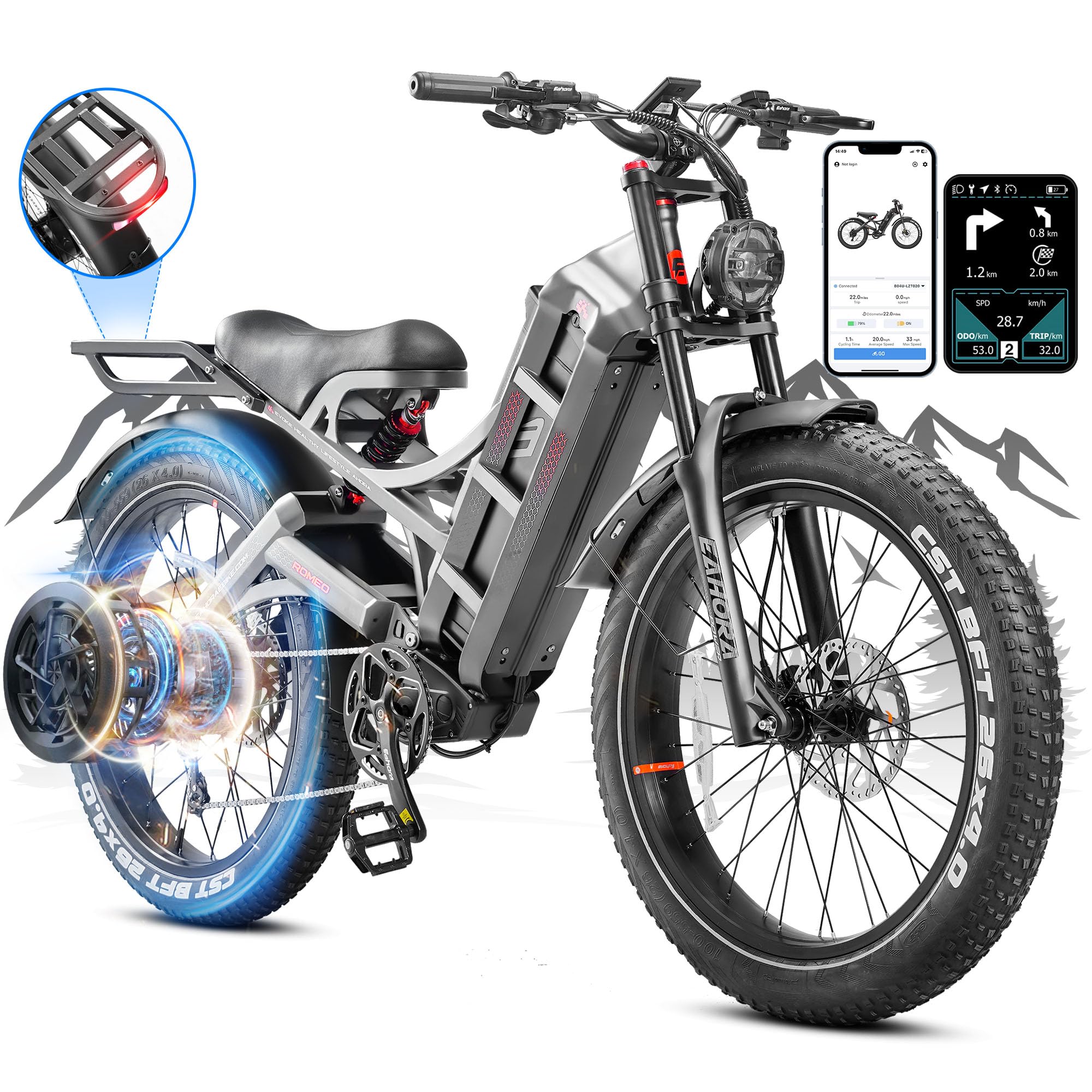 Romeo Pro/Ⅱ 60Ah Peak 1600W/Dual Motor 2500W/3000W Electric Bike for Adults, 200 Miles Long Range Ebike Fat Tire Electric Bike, Full Suspension Electric Mountain Bike UL2849