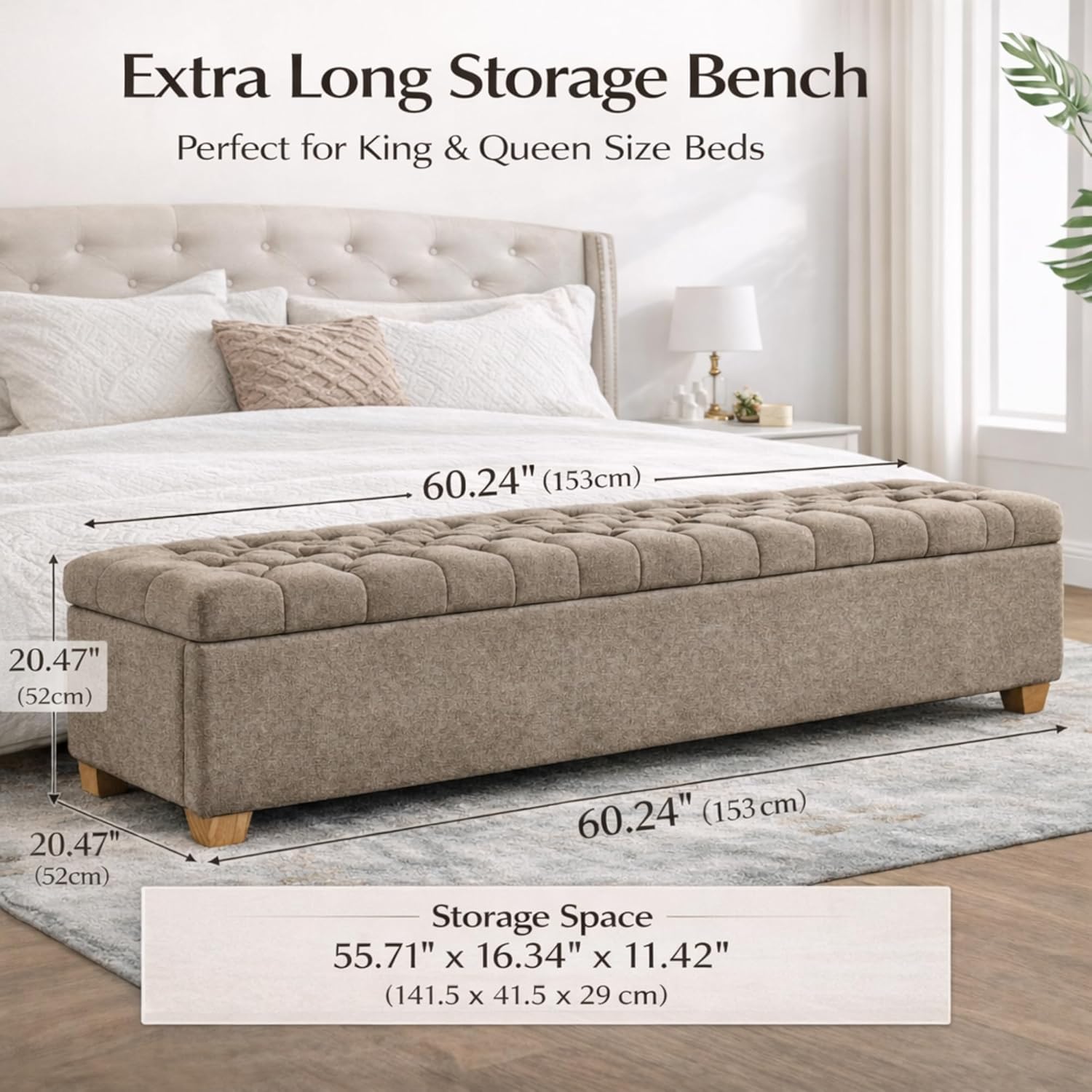 60.2" Storage Bench, End of Bed Storage Benches, Chenille Fabric Upholstered Ottoman Bench with Safety Hinge for Living Room Entryway Bedroom Hallway