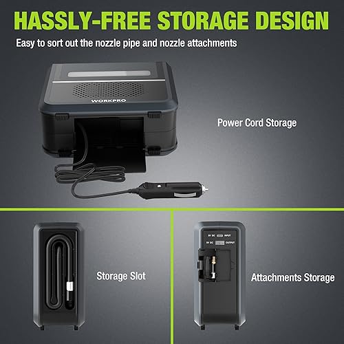 Miniatura 5 de WORKPRO Inflador de neumáticos, compresor de aire portátil, bomba de aire portátil de 12 V para neumáticos de automóvil con batería de 7500 mAh,