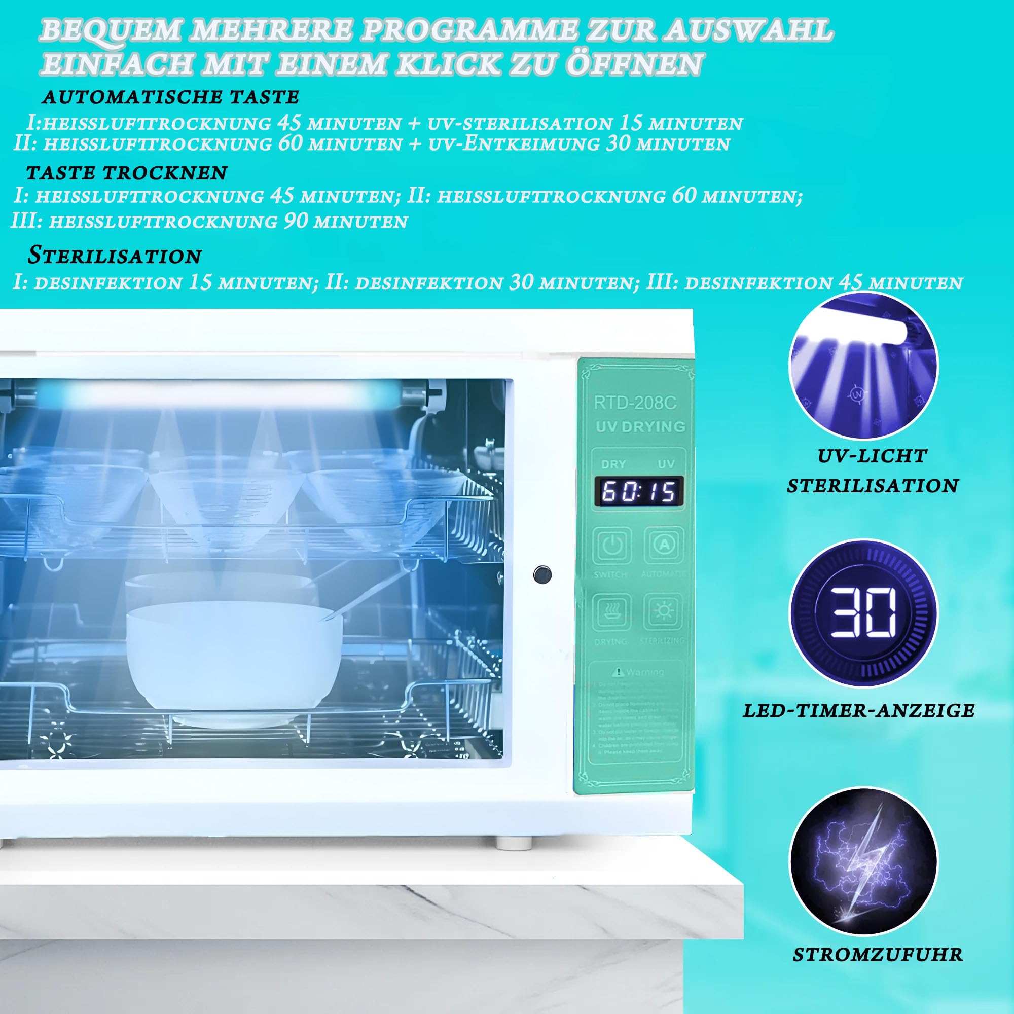 UV Sterilisator mit Trockner, Timer & 1 Langlebige Ersatzlampe 160W 75℃ – 360° Allrounddesinfektion für Babyflaschen & Schnuller, Kinderfreundlich für Familiengebrauch
