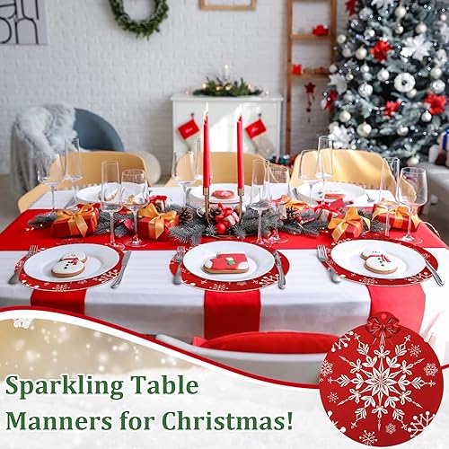 Miniatura 5 de Juego de 6 manteles individuales redondos de Navidad, tapetes individuales de cuero con copos de nieve de 14 pulgadas, manteles individuales