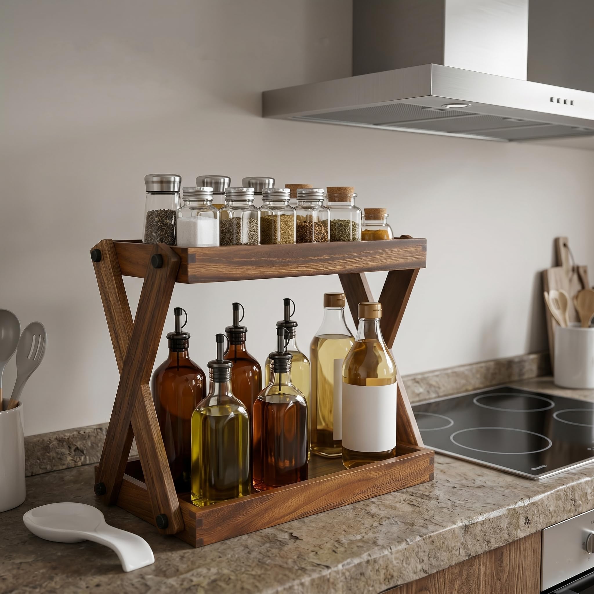 Organizador de madera para encimera, estante de madera de 2 niveles para accesorios de barra de café, organizador de especias de cocina, organizador de almacenamiento de condimentos para el