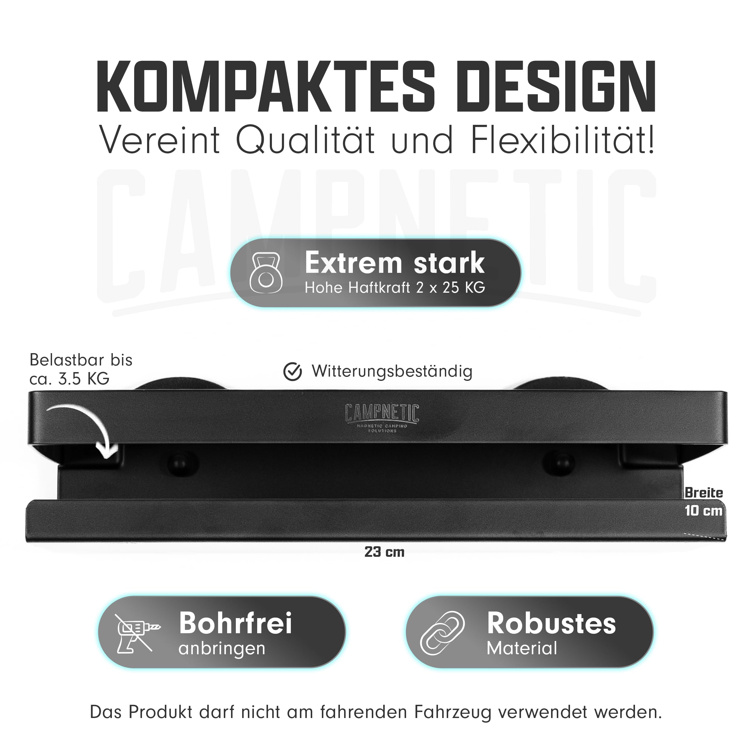 Campnetic magnetisches Regal-Körbchen 23 x 10cm Schwarz für Camping | Einfaches Anbringen ohne Bohren, Magnetische Gewürzregal, Vanlife & Wohnmobil, Komplettes Set inkl. Beutel