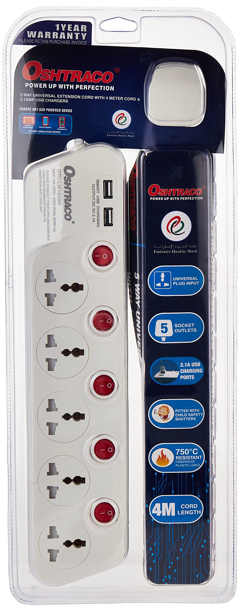 Oshtraco5 Way Switch Extension Cord with 4 Meter Wire with 2.1A USB