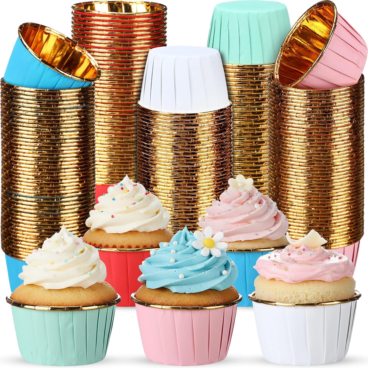 240 Pack Gold Foil Cupcake Liners Bulk 3.5 oz Disposable Party Cupcake Baking Cups Colorful Foil Muffin Liners Metallic Baking Wrappers Holders (Plaid Style)