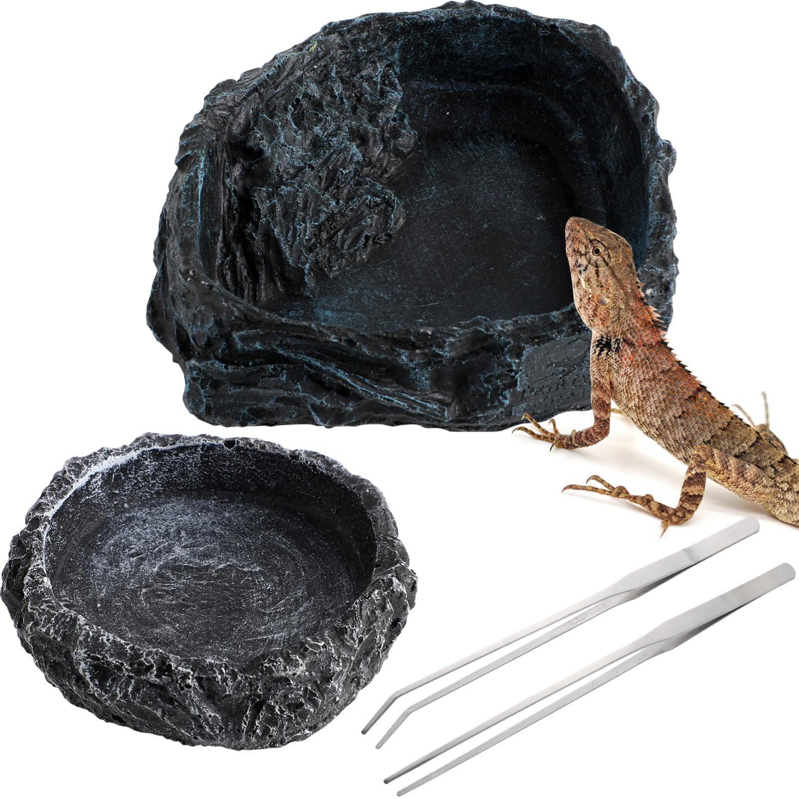 UKCOCO 2Pcs Reptile Feeders Durable Water Bowls for Tortoises Lizards and Frogs with Feeding Tongs for Gecko Snake and Other Reptile Pets