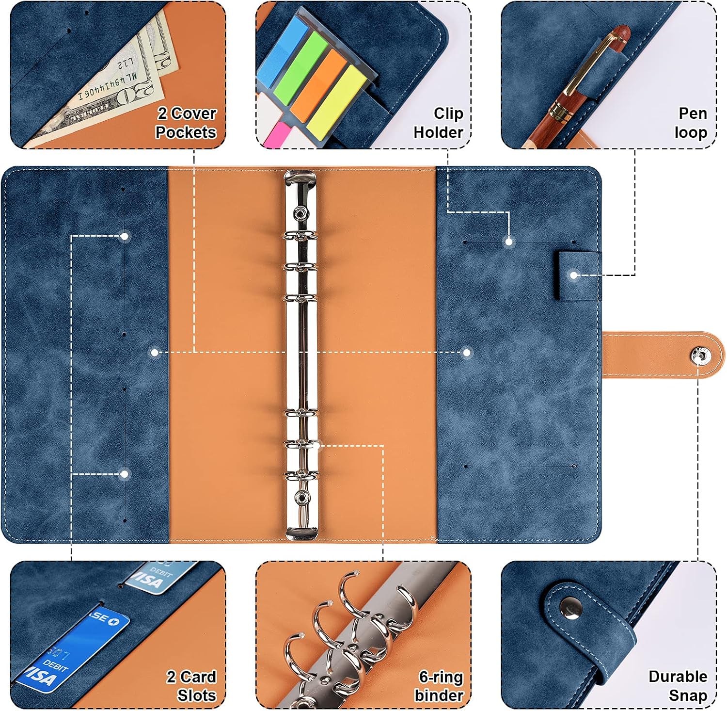 Budget Binder with Zipper Envelopes, A6 Binder Notebook, 6-Ring Loose Leaf PU Leather Binder Cover Folder Budget Planner with 12 Clear Cash Envelopes Pockets & Label Stickers, Deep Blue