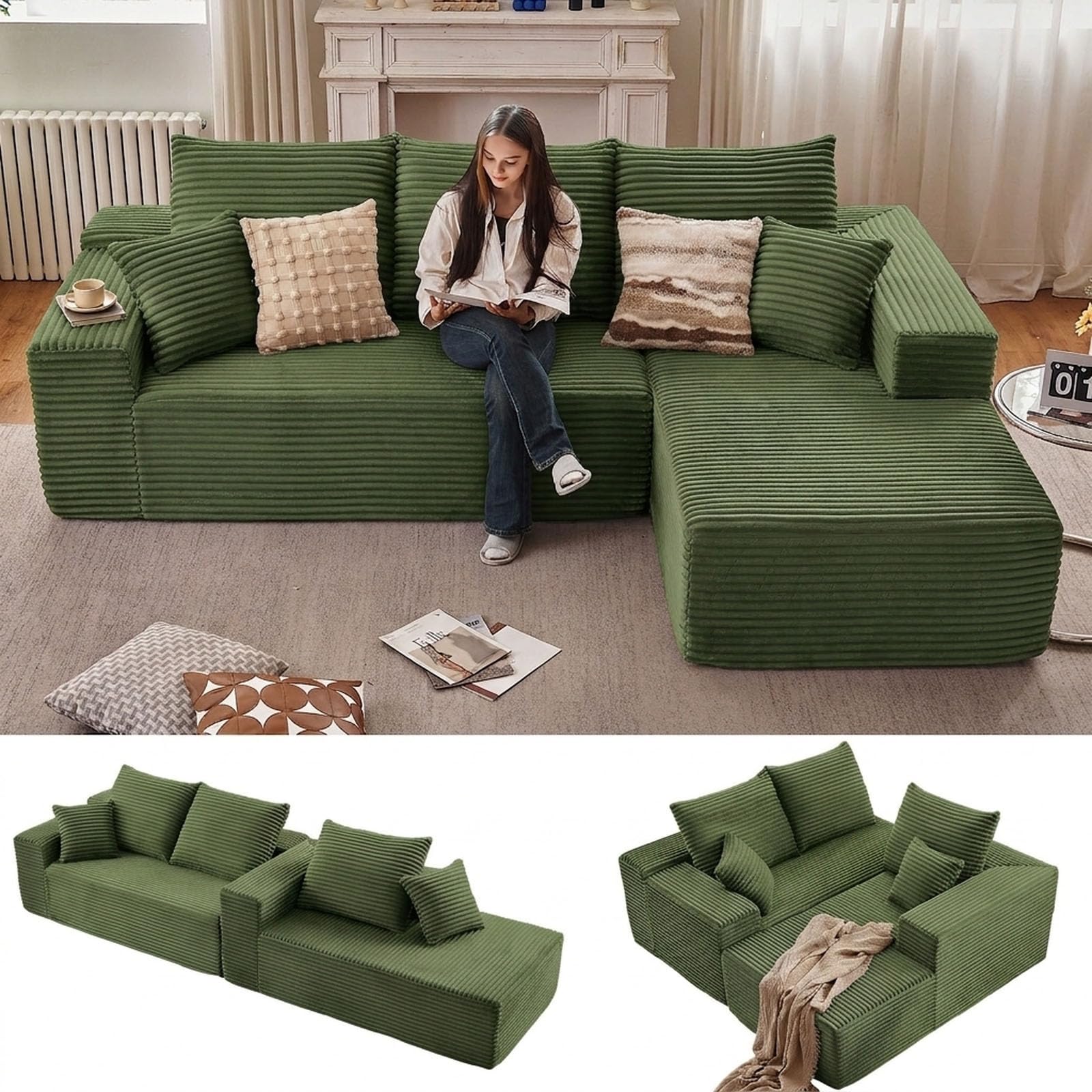 Sectional Couches for Living Room Cloud Couch Sofa with L-Shape Couch in a Box Upholstered Boneless Couchs Modern Modular Sectional Couch with Chaise (Green,B-3 Seater-Right-Facing Chaise-96 inch)