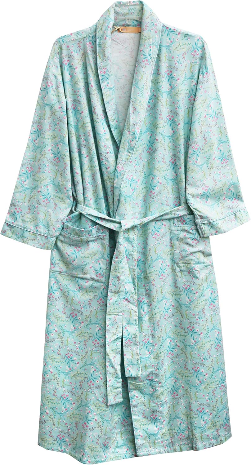 LA CERA Women's Long Sleeves 100% Cotton Flannel Robe, Belt, Shawl Collar, Front Pockets, Machine Wash