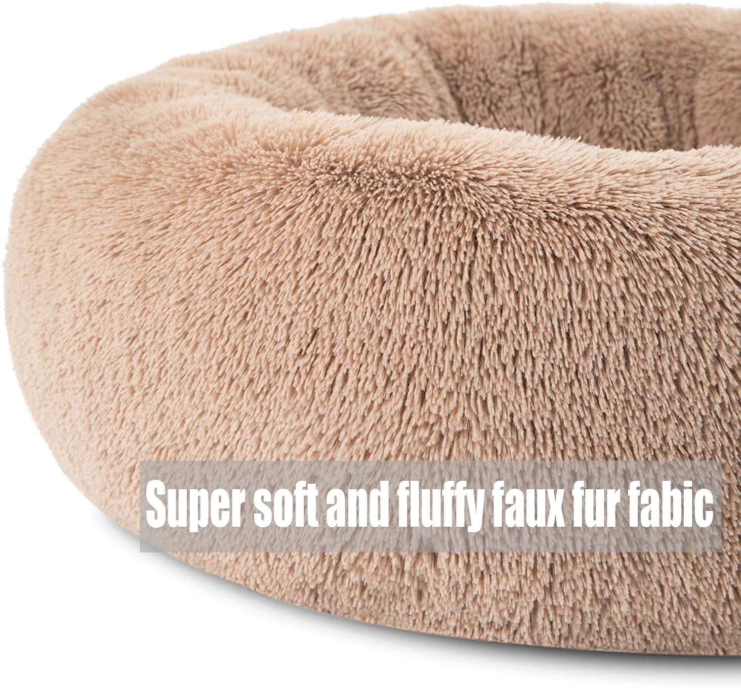 Camas calmantes de pelo sintético para perros, cama calmante para perros y gatos, lavable, redonda, almohada mullida para interiores con parte inferior antideslizante, color degradado, caqui,