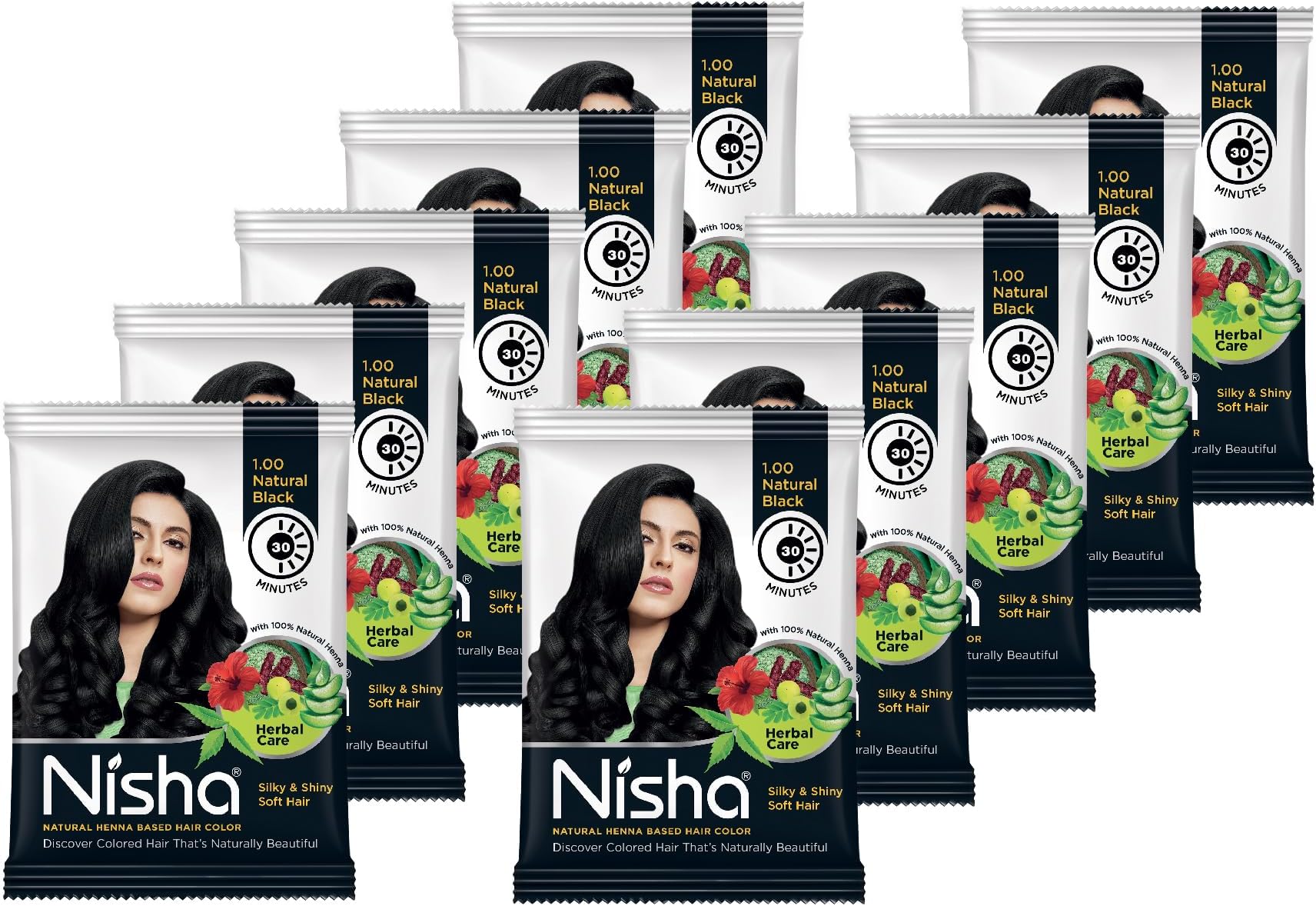 Nisha Black Hair Color Dye 10gm Natural Black Color Hair Henna (pack of 10) with 1 Hair dye Brush Natural Black (Natural Black, 10gm Pack of 10)