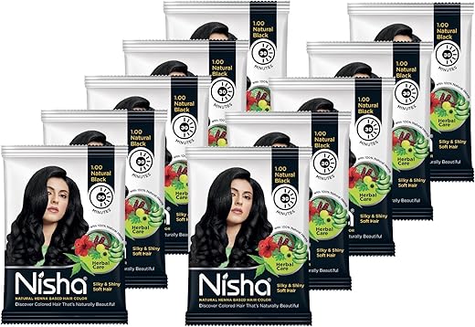 Nisha Black Hair Color Dye 10gm Natural Black Color Hair Henna (pack of 10) with 1 Hair dye Brush Natural Black (Natural Black, 10gm Pack of 10)
