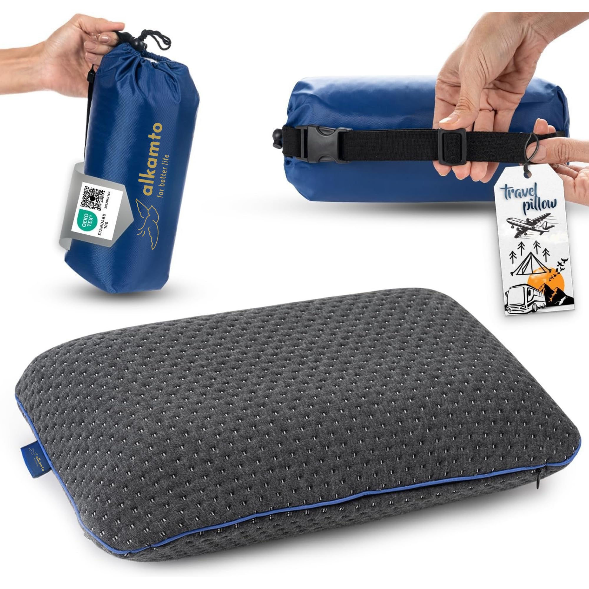 Cuscino da viaggio – Supporto ergonomico per il collo da campeggio in memory foam con federa termoregolante – Borsa da viaggio impermeabile inclusa (Nero)