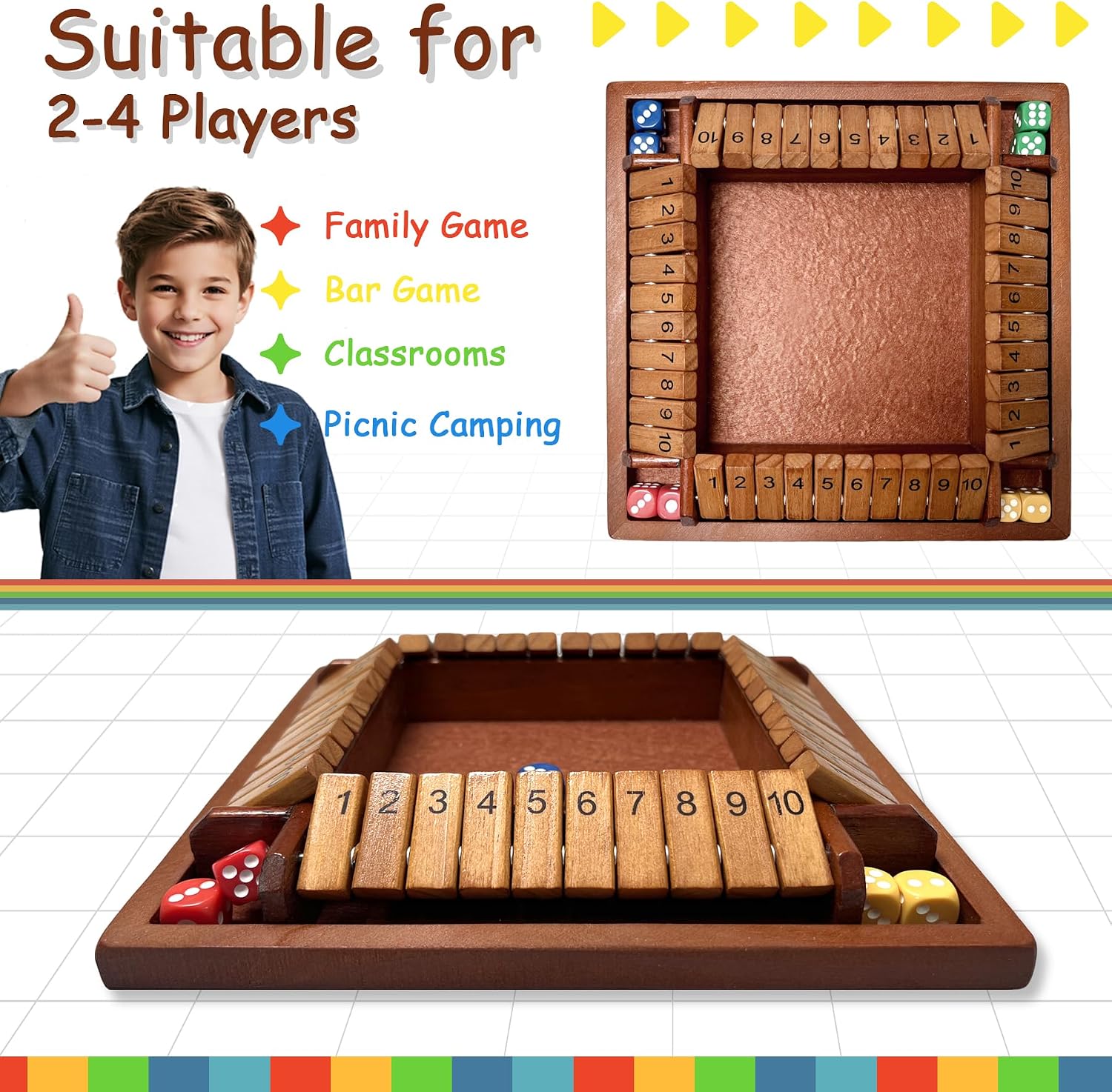 Shut the Box Wooden Board Game – 4 Player 1-10 Numbers Dark Wood Math Game with 8 Dice, Classic Strategy Game for Adults & Kids, Educational Family for Learning Addition, Classroom or Party Toy image 4