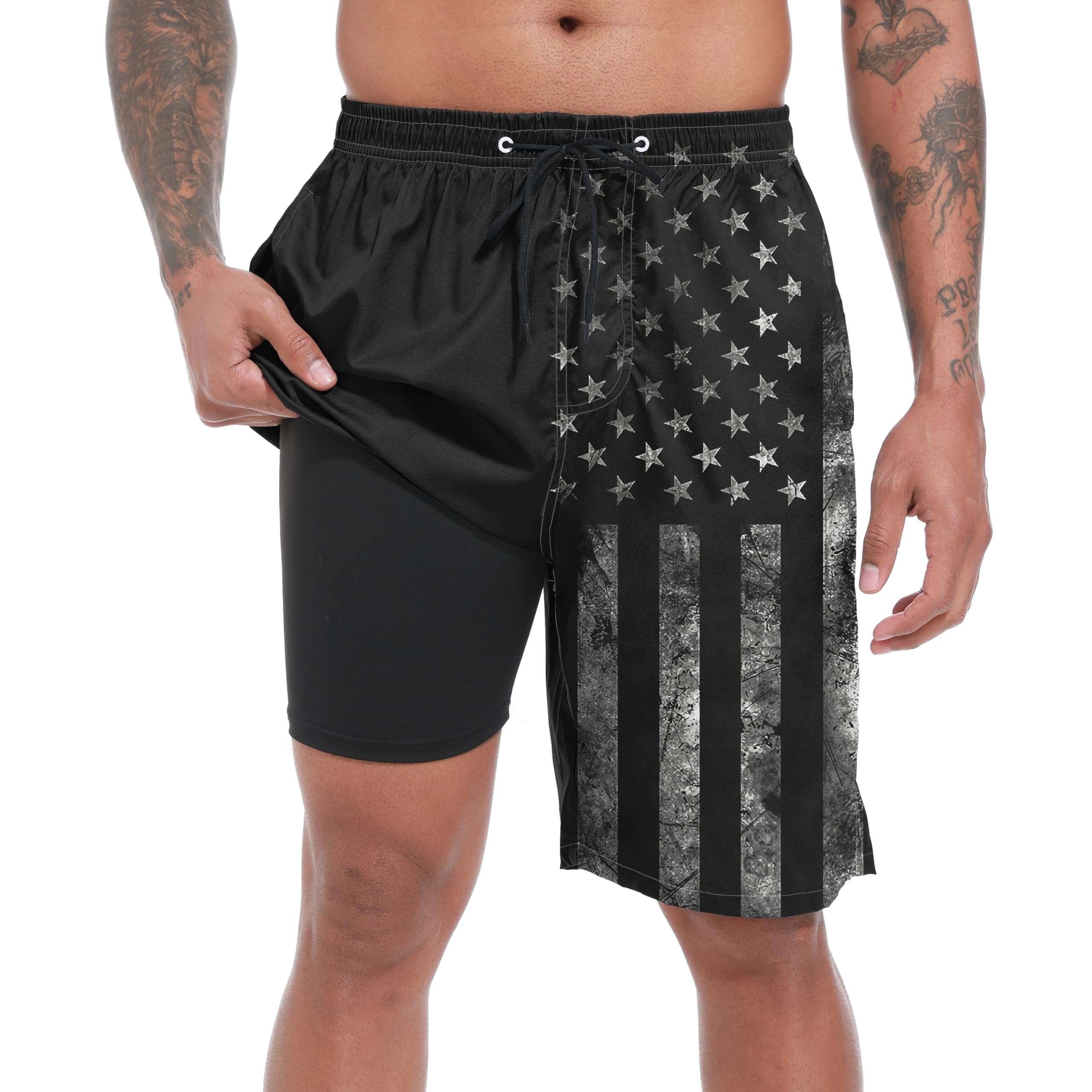 FT FENTENG Mens Swim Trunks with Compression Liner 9" Stretch Board Shorts 2 in 1 Quick Dry Swimwear Bathing Suits