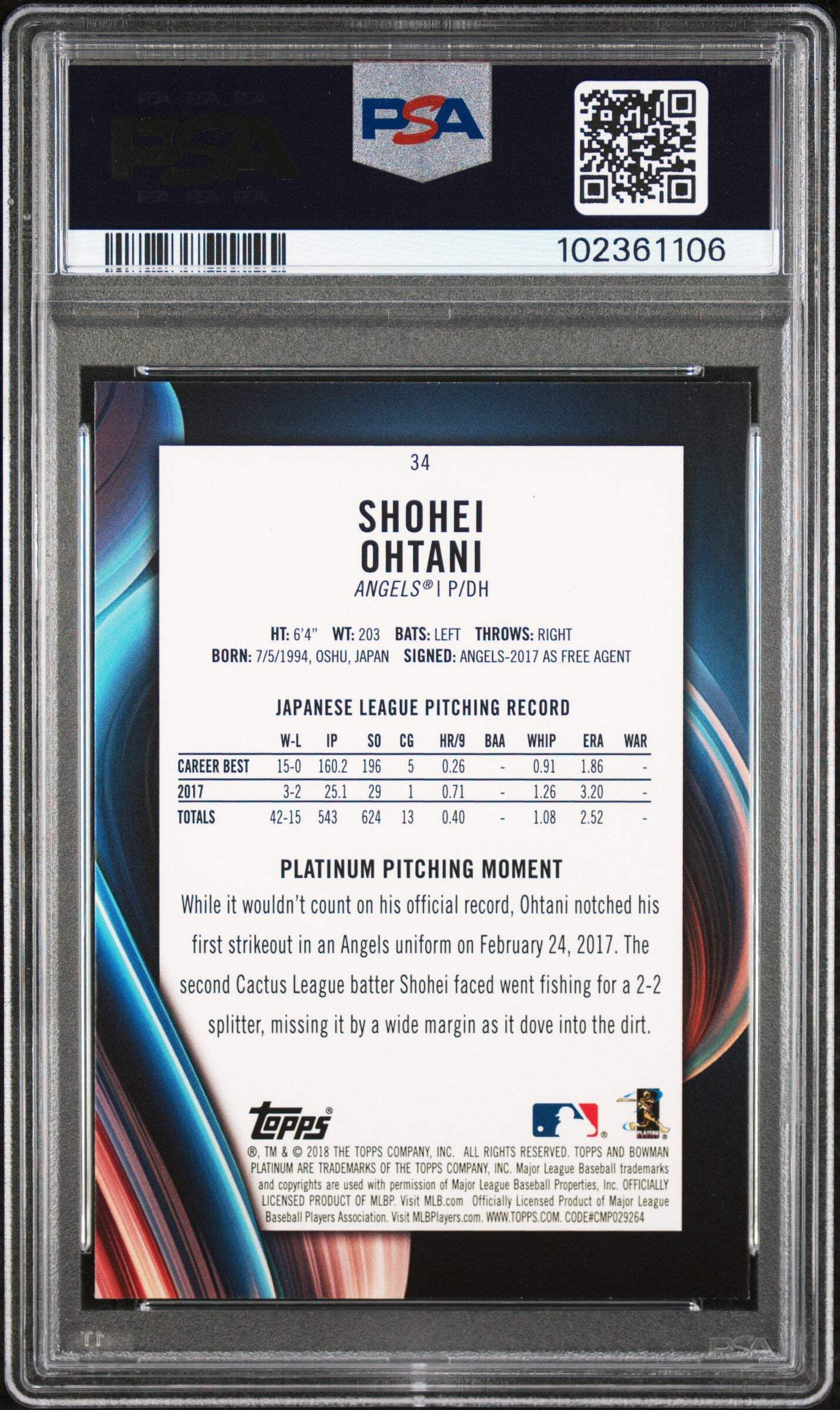 Amazon.com: Graded 2018 Topps Bowman Platinum Shohei Ohtani #34