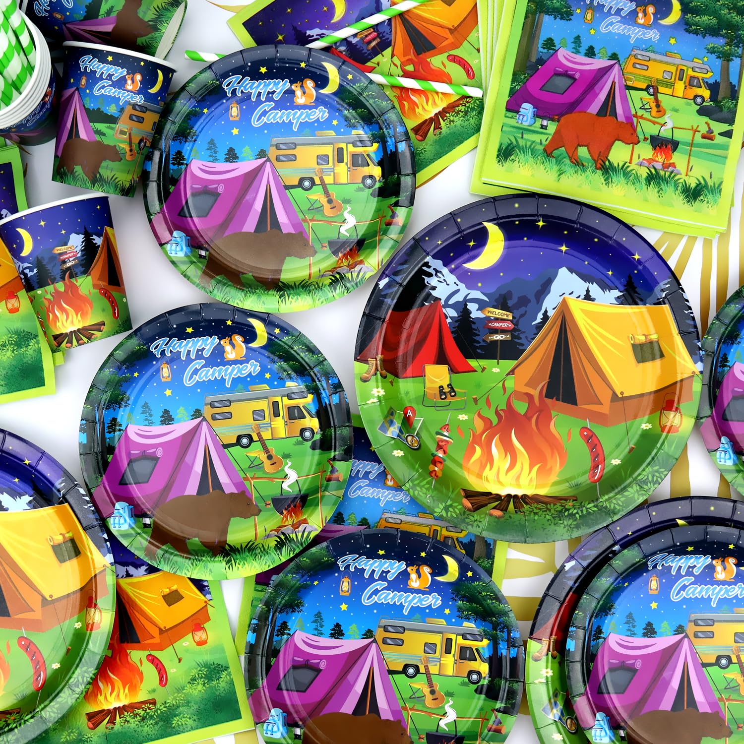 LSJDEER Décoration de fête d'anniversaire de camping – Vaisselle, assiettes, tasses, serviettes, bannière « Happy Birthday », décorations de gâteau, ballons, nappe pour garçon, feu de camp, forêt LSJDEER Décoration de fête d'anniversaire de camping – Vaisselle, assiettes, tasses, serviettes, bannière « Happy Birthday », décorations de gâteau, ballons, nappe pour garçon, feu de camp, forêt