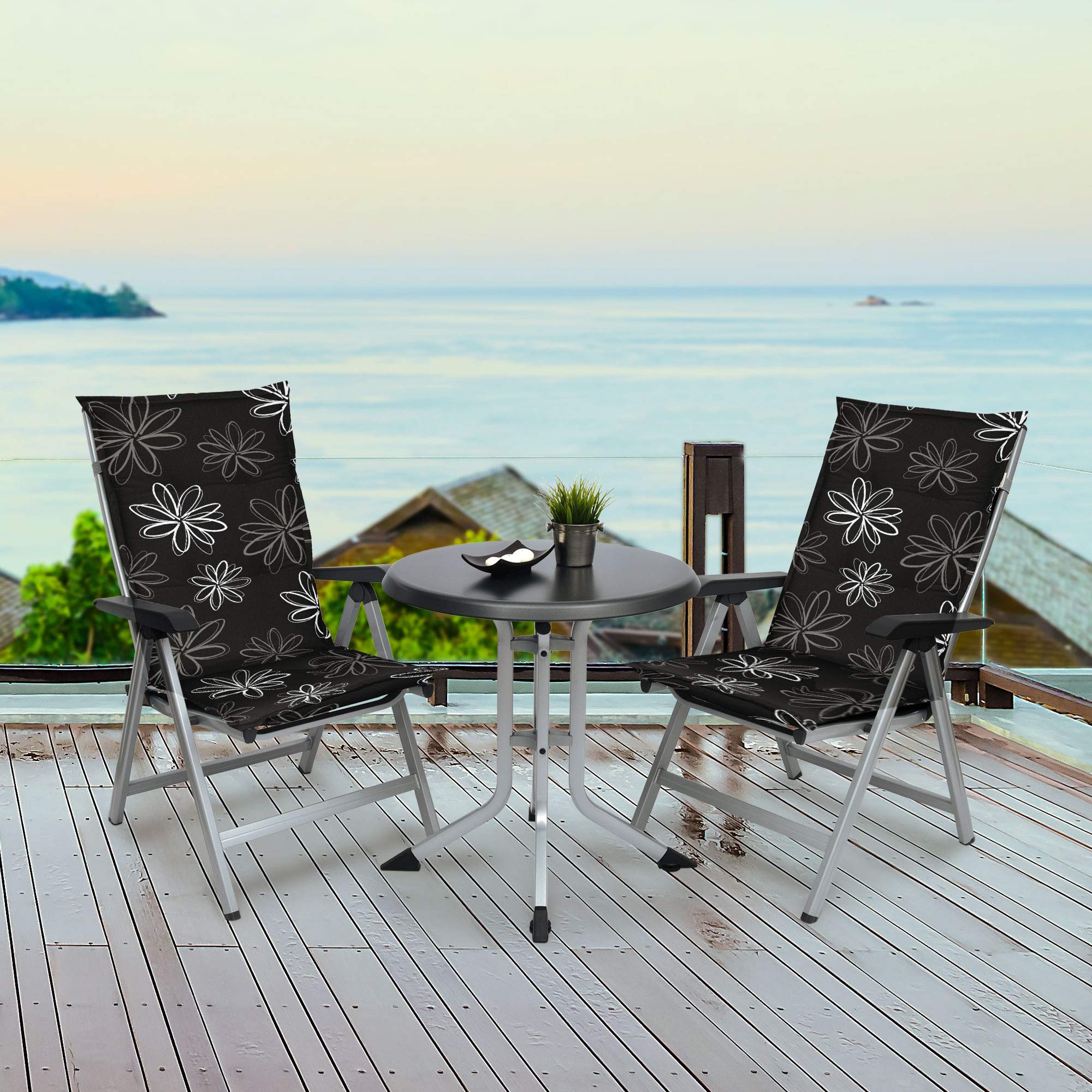 Beautissu 6er Set Hochlehner Auflage für Gartenstuhl UV-Lichtecht Blumen | 120x50cm schwarz mit 6cm Dicke Polster Sitzpolster Gartenstuhlauflage Gartenstuhlauflagen Sitzauflage Flores