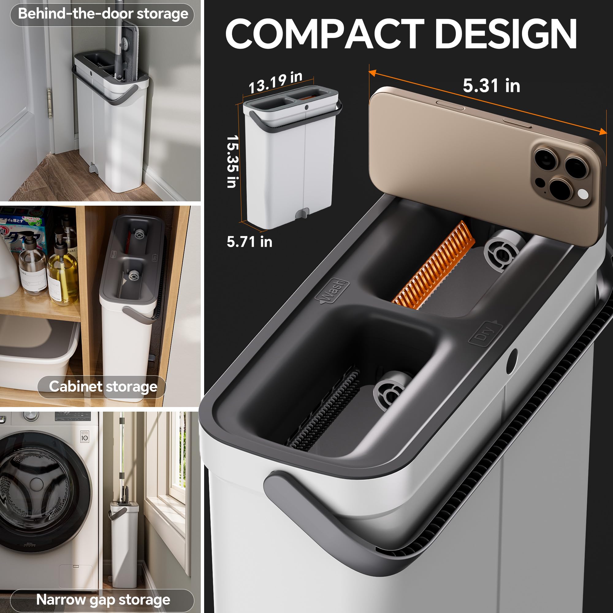 Trapeador compacto para piso y cubo – Mopa plana y cubo con juego de escurridor manos libres | Mopa húmeda y seca para apartamento, casa pequeña, RV, ventanas, pared (juego de sistema de cubo