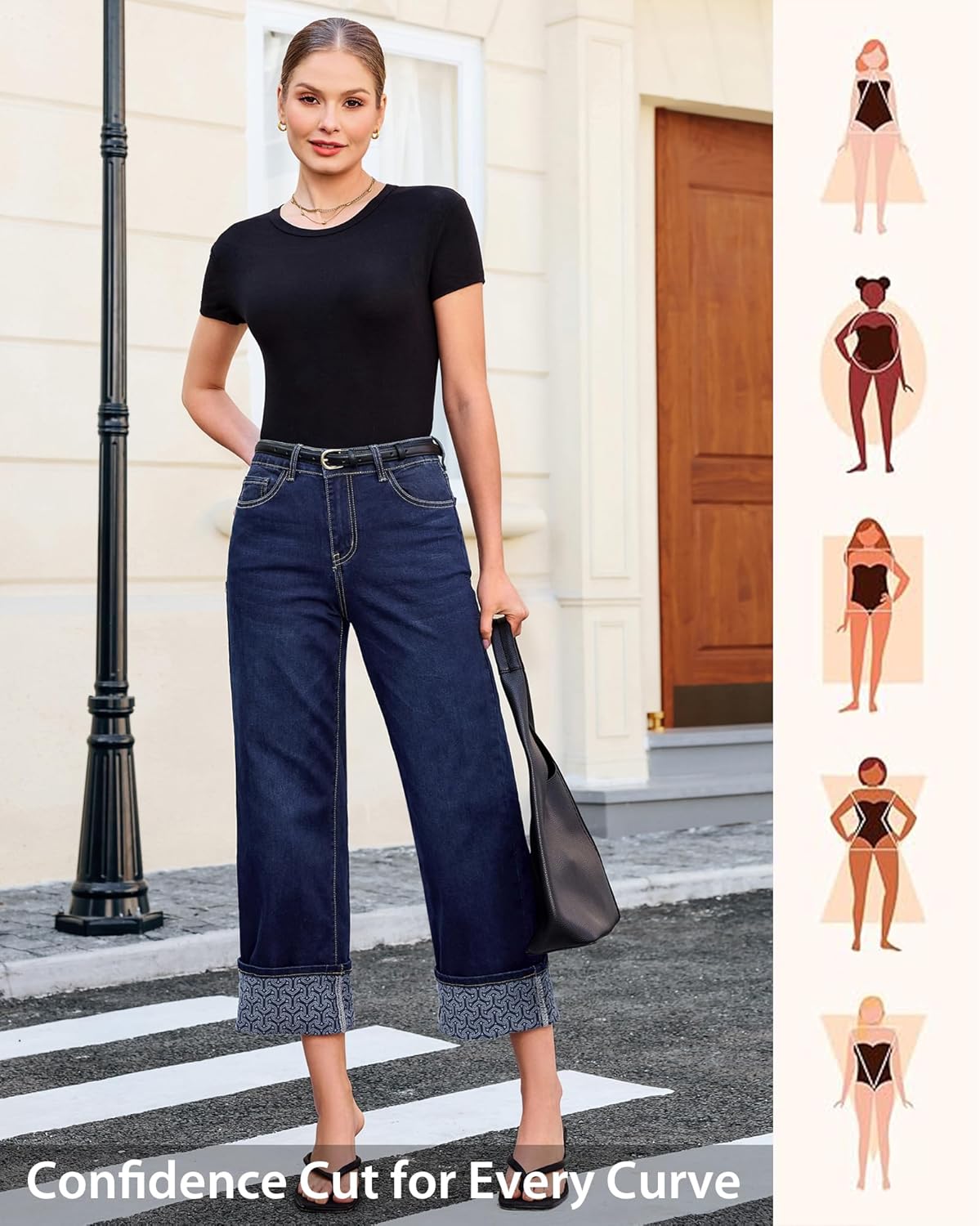 GRAPENT Wide Leg Jeans for Women Trendy Cropped High Waisted Printed Fold Hem Loose Straight Leg Stretchy Denim Pants - Image 5