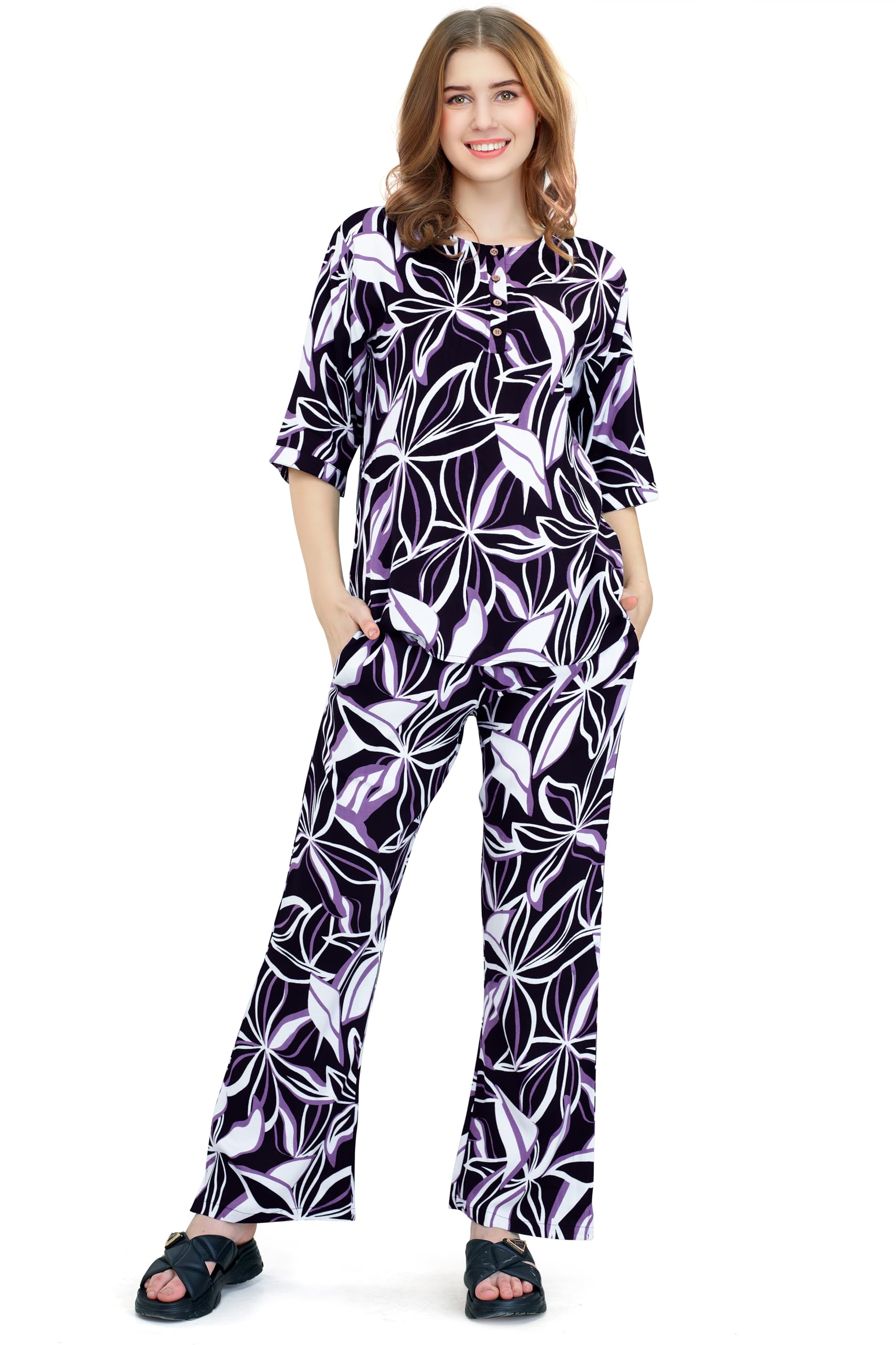 zeyo Women's Rayon Floral Printed Night Suit Set Of Top & Pajamas-picture-19