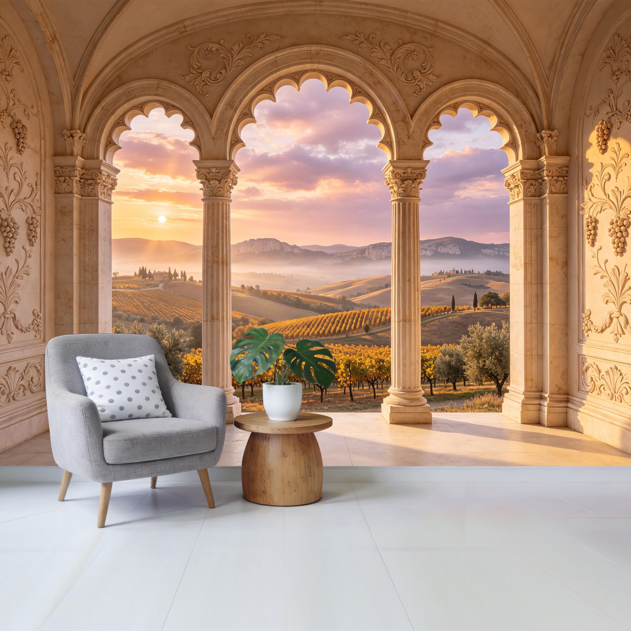 Removable Self Adhesive Fabric Mural， Tuscan Vineyard Sunset Custom Size Wall Covering， UV Protected Waterproof Washable Wall Decor for Living Room Bedroom Bathroom