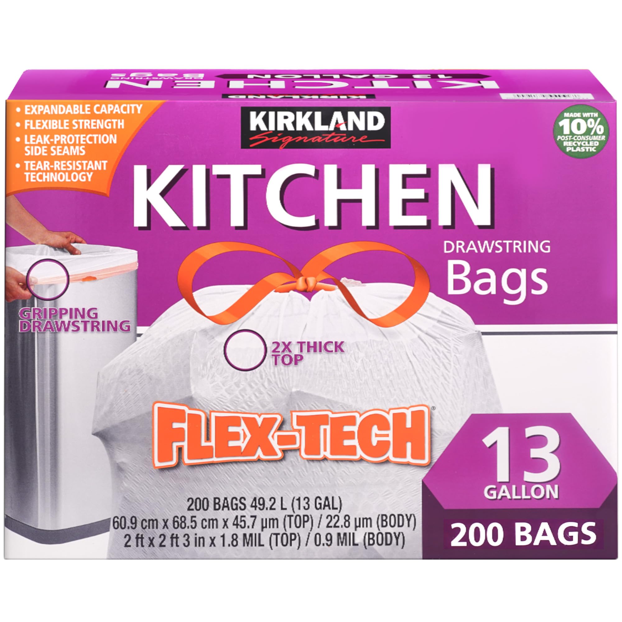BD Bundle Compatible With Kirkland Signature Flex-Tech Drawstring White Kitchen Tall Garbage Bags, 13 Gallon, 200 Count