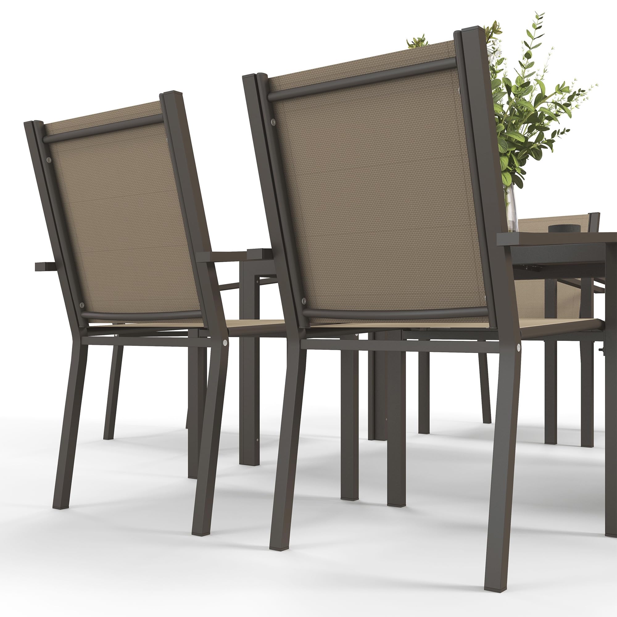 Outsunny Set da Giardino 7 Pezzi in Acciaio e Plastica, Set Mobili da Esterno con 6 Sedie Impilabili e Tavolo Rettangolare, Kaki e Marrone