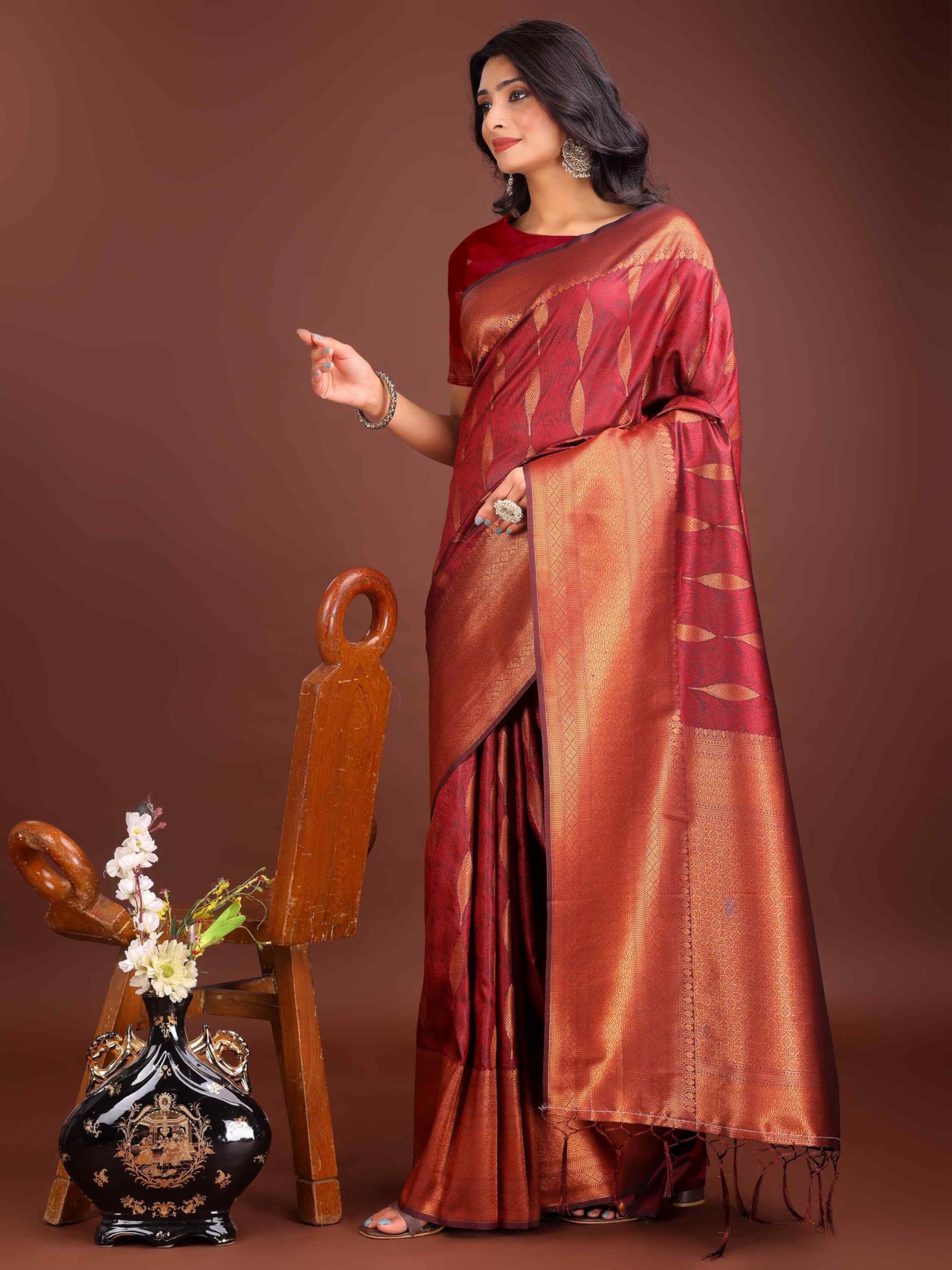 Shiv Textiles Women's Banarsi Silk Zari Work Saree(AUS-ASPAL2003-MAROON) 1