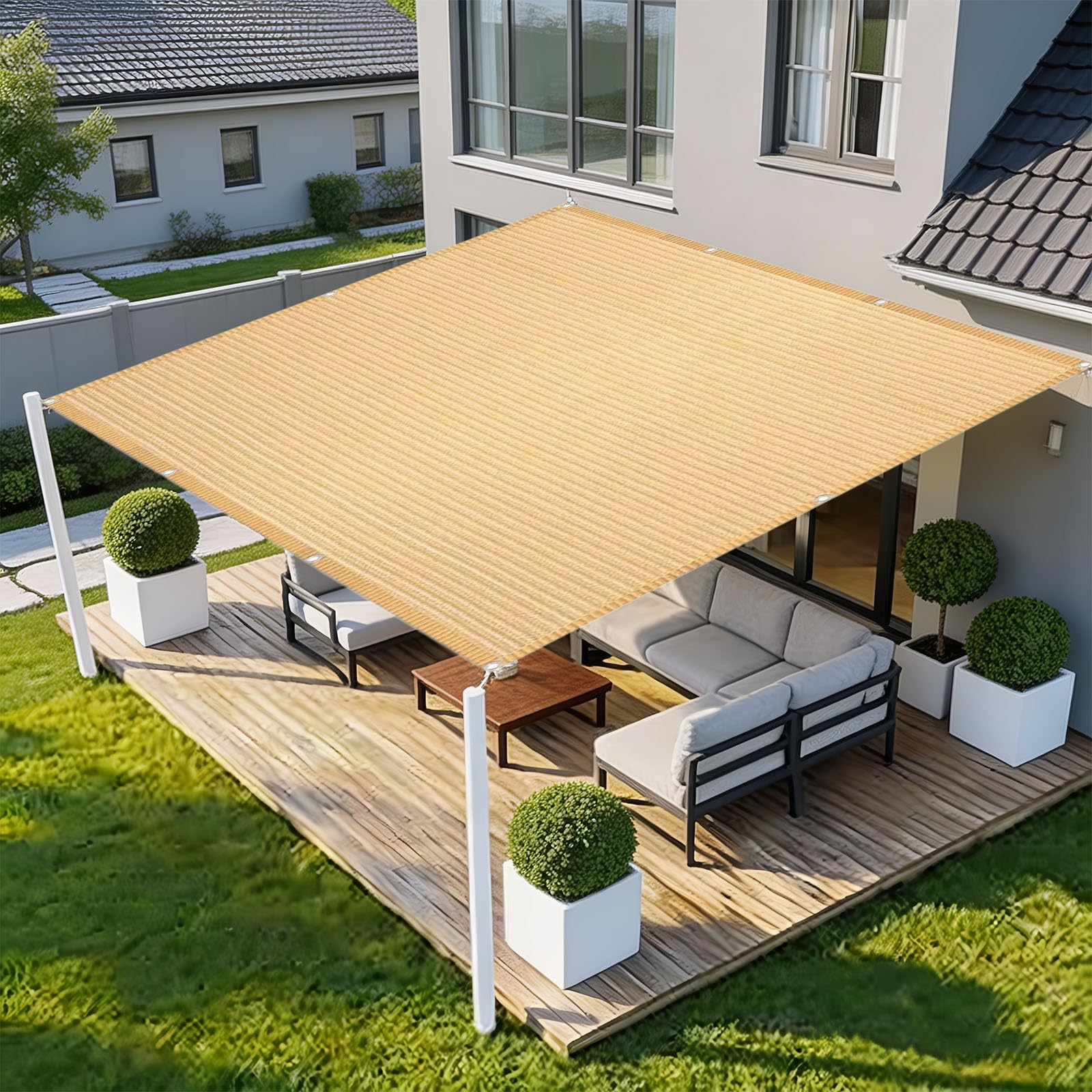 Voile d'ombrage rectangulaire 4.8x6.5m jaune sable avec oeillets de fixation pour grand jardin