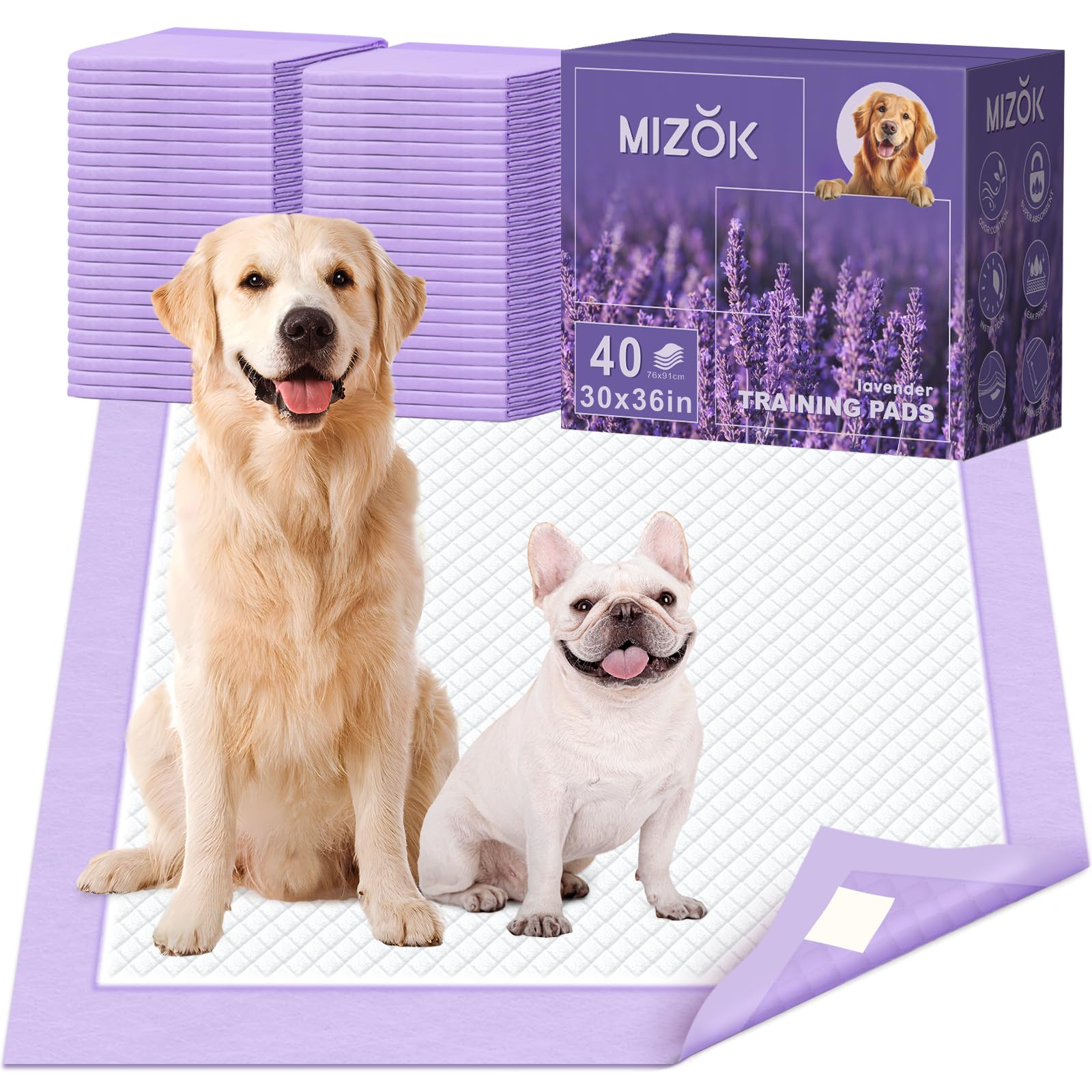 MIZOK Almohadillas para orina de perro, extra grandes, de 30 x 36 pulgadas, almohadillas para orina para perros, con aroma a lavanda, almohadillas para control de olores, ultra absorbentes, para hasta