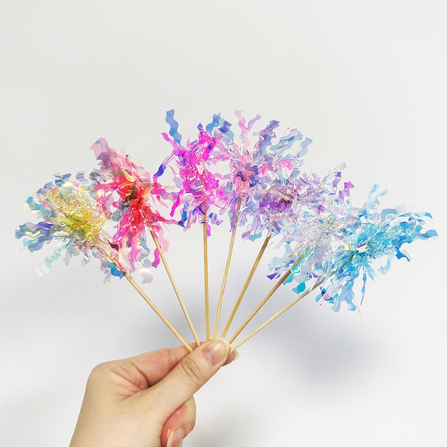 14PCS Foil Firework Cupcake Toppers, 7 Color Happy Birthday Cake Toppers, Sparkle Tinsel Flower Drink Stirrers Cocktail Food Fruit Toothpicks for Cake Decoration Party Supplies