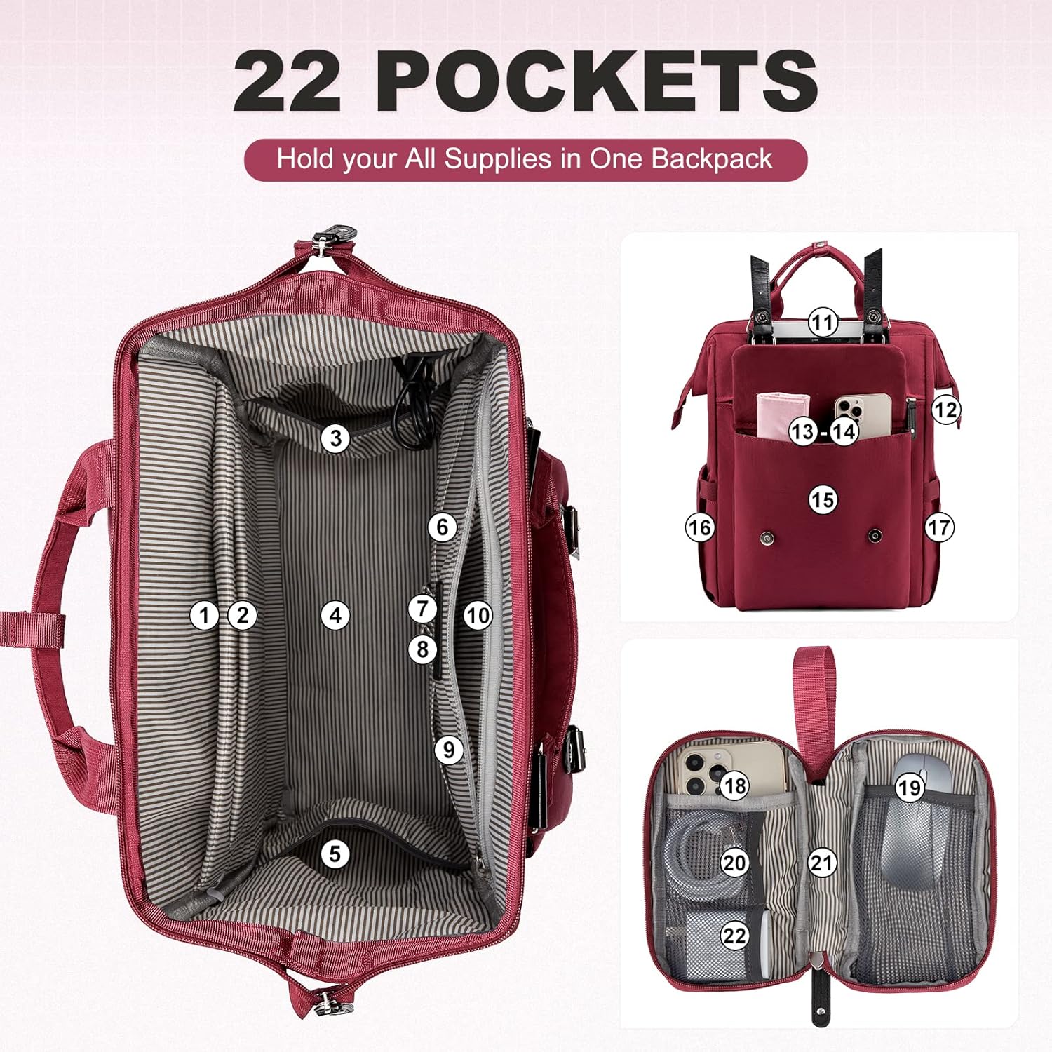 LOVEVOOK Laptop Backpack for Women Work Travel Backpack College Backpack Business Commuter Computer Bag Teacher Doctor Nurse Bags Purse, 17 Inch, Wine Red-black - Image 3