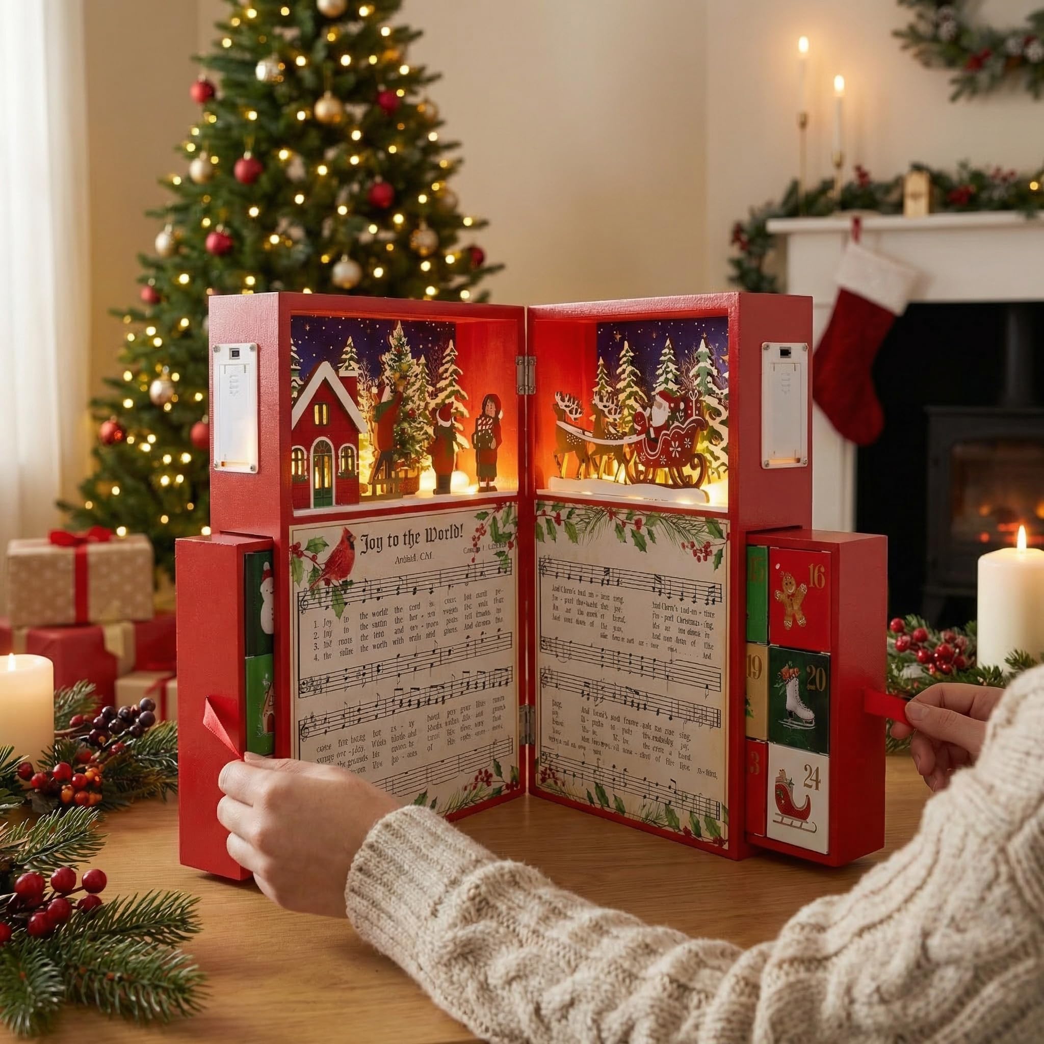 PE Adventskalender aus Holz in Buchform mit LED und 24 Boxen zum Befüllen | Aufklappbares Weihnachtsbuch mit 2 LED-Holzszenen, 24 Papierboxen; 4 AAA-Batterien erforderlich, nicht enthalten