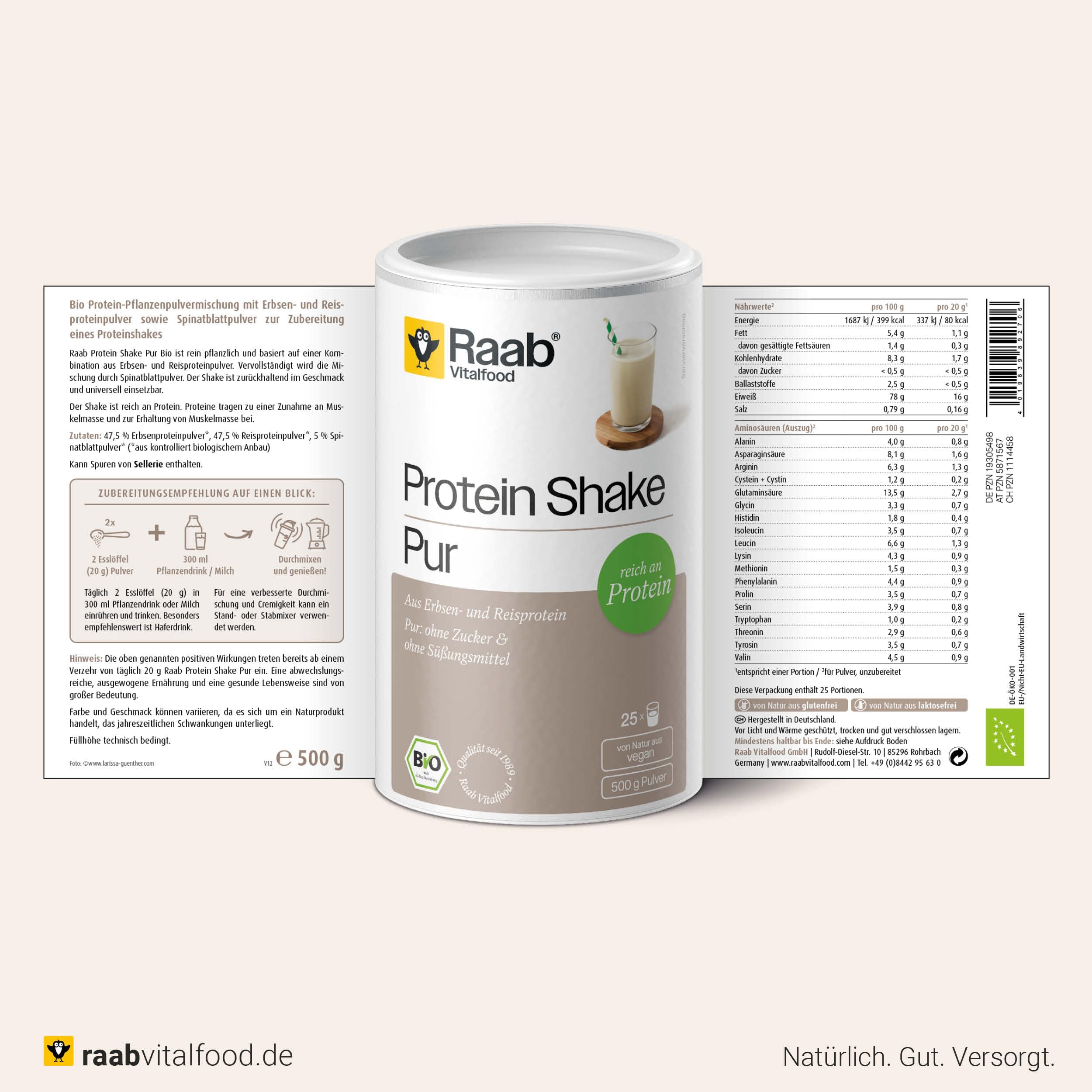 Raab Vitalfood® Bio Protein Shake Pur (500 g) - vegan & ohne Soja, Pur ohne Zusätze, Protein-Pulver mit 78 % Proteingehalt, neutraler Geschmack, glutenfrei, laktosefrei