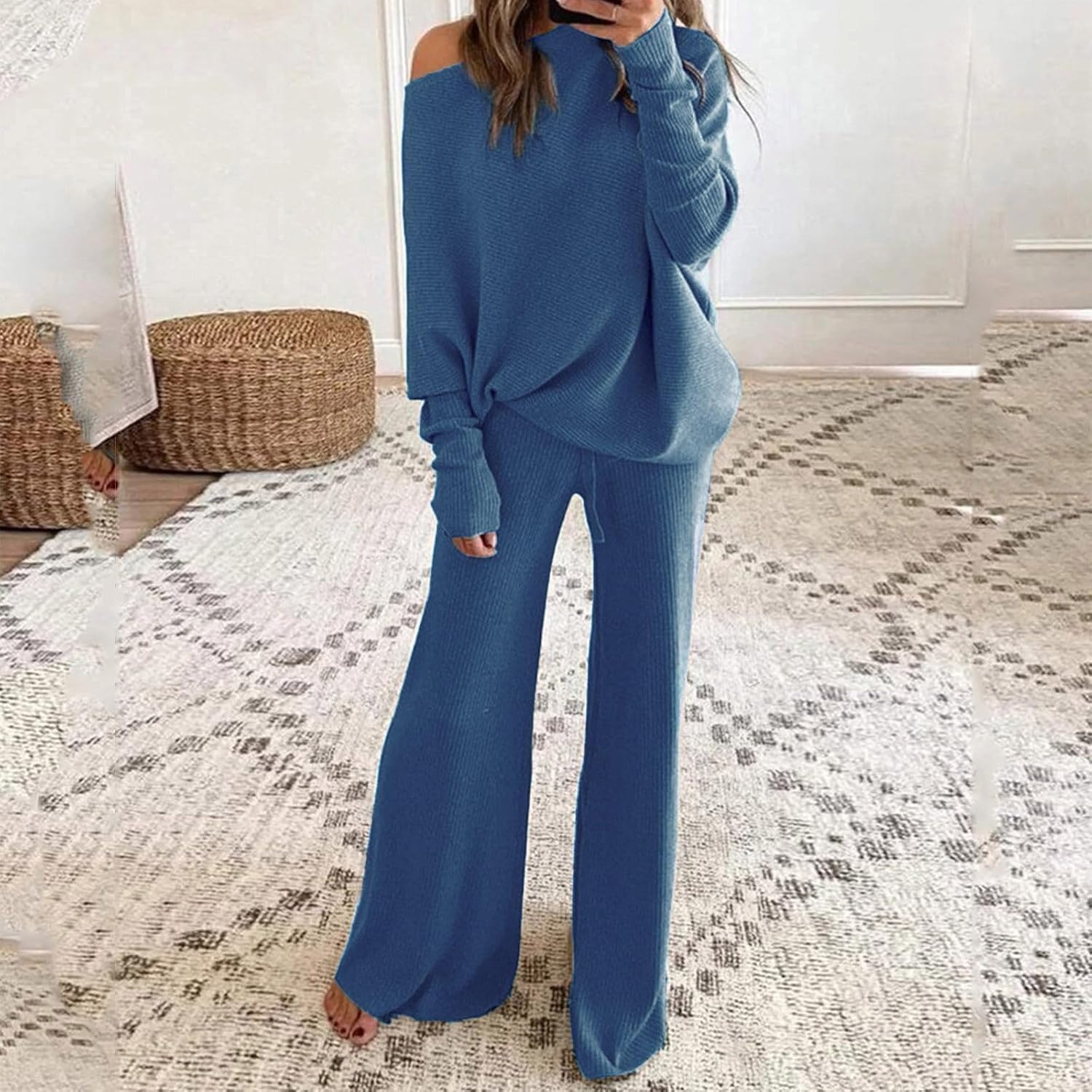 Women 2 Piece Outfits Lounge Sweater Sets Off Shoulder Long Sleeve Knit Pullover Top Wide Leg Pant Set Travel Clothes