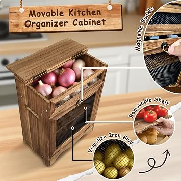 Wooden Countertop Storage Bin Box, Countertop Cabinet for Fruits and vegetables, Wooden Bread Boxes, Potato Onion and tomato Storage, Coffee Station,11.8W x 6.8D x 16H in, Rustic Color, UK