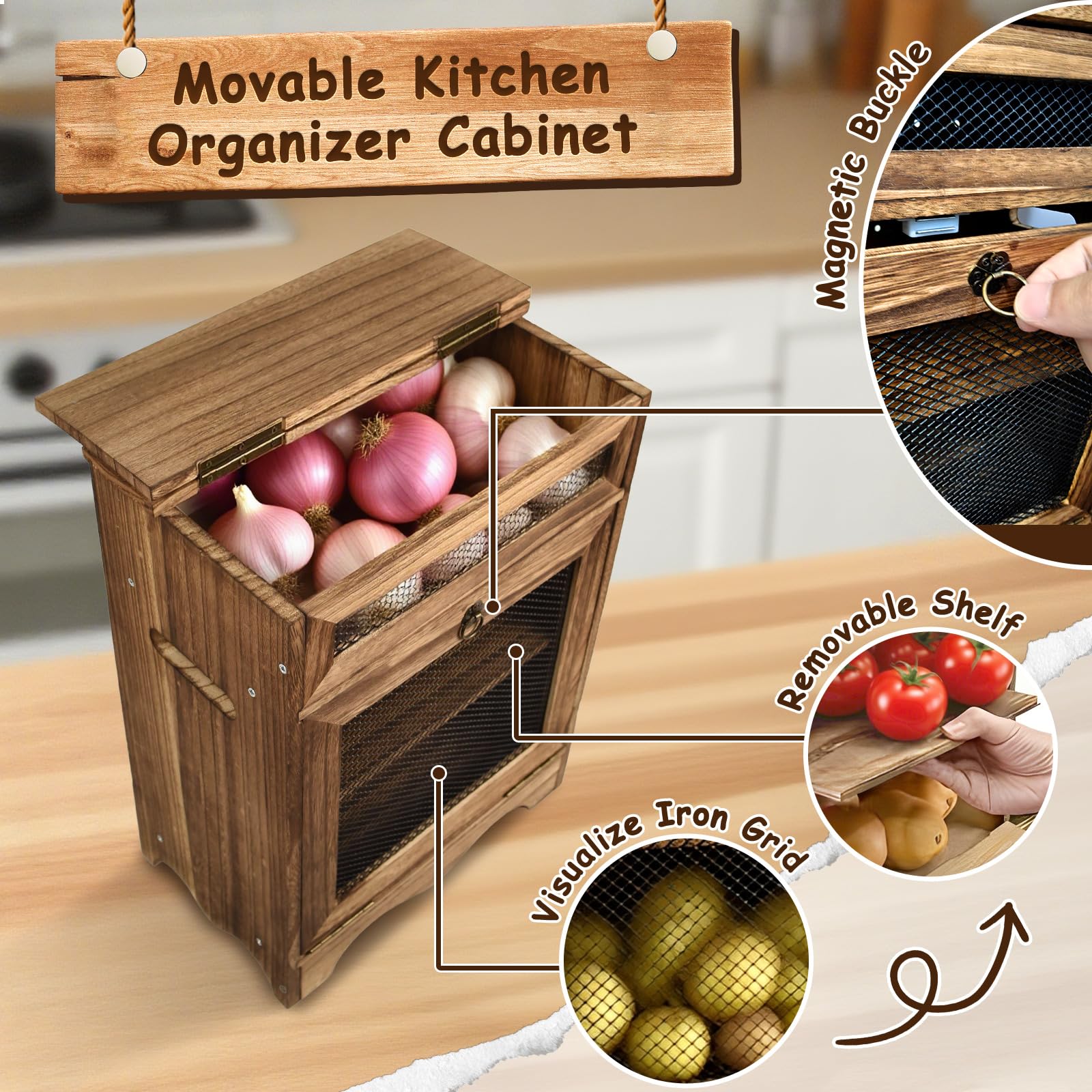 Boîte de rangement en bois, armoire de comptoir pour fruits et légumes, boîtes à pain en bois, rangement de pommes de terre, oignons et tomates, station de café, 30 x 17 x 40 cm, couleur